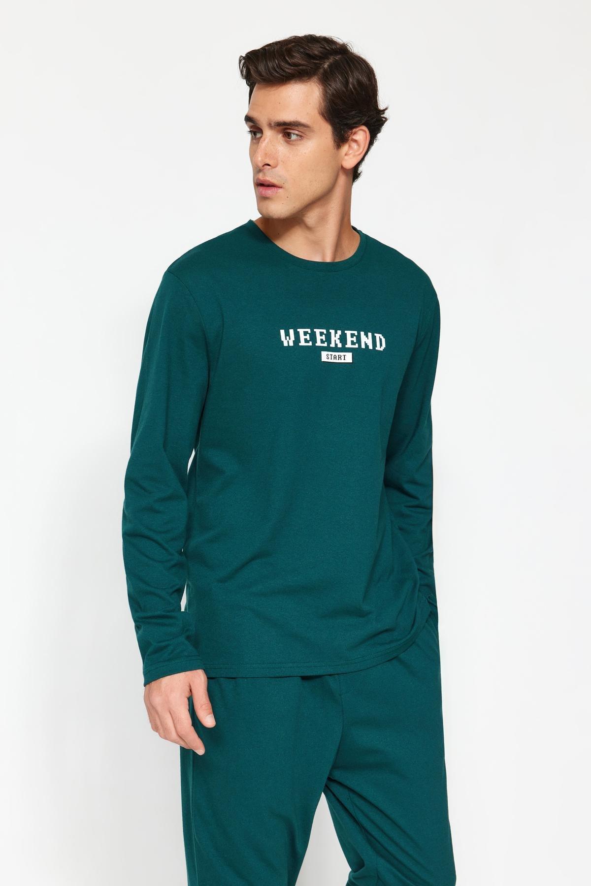 Green Printed Knitted Pyjamas Set, , large image number 1