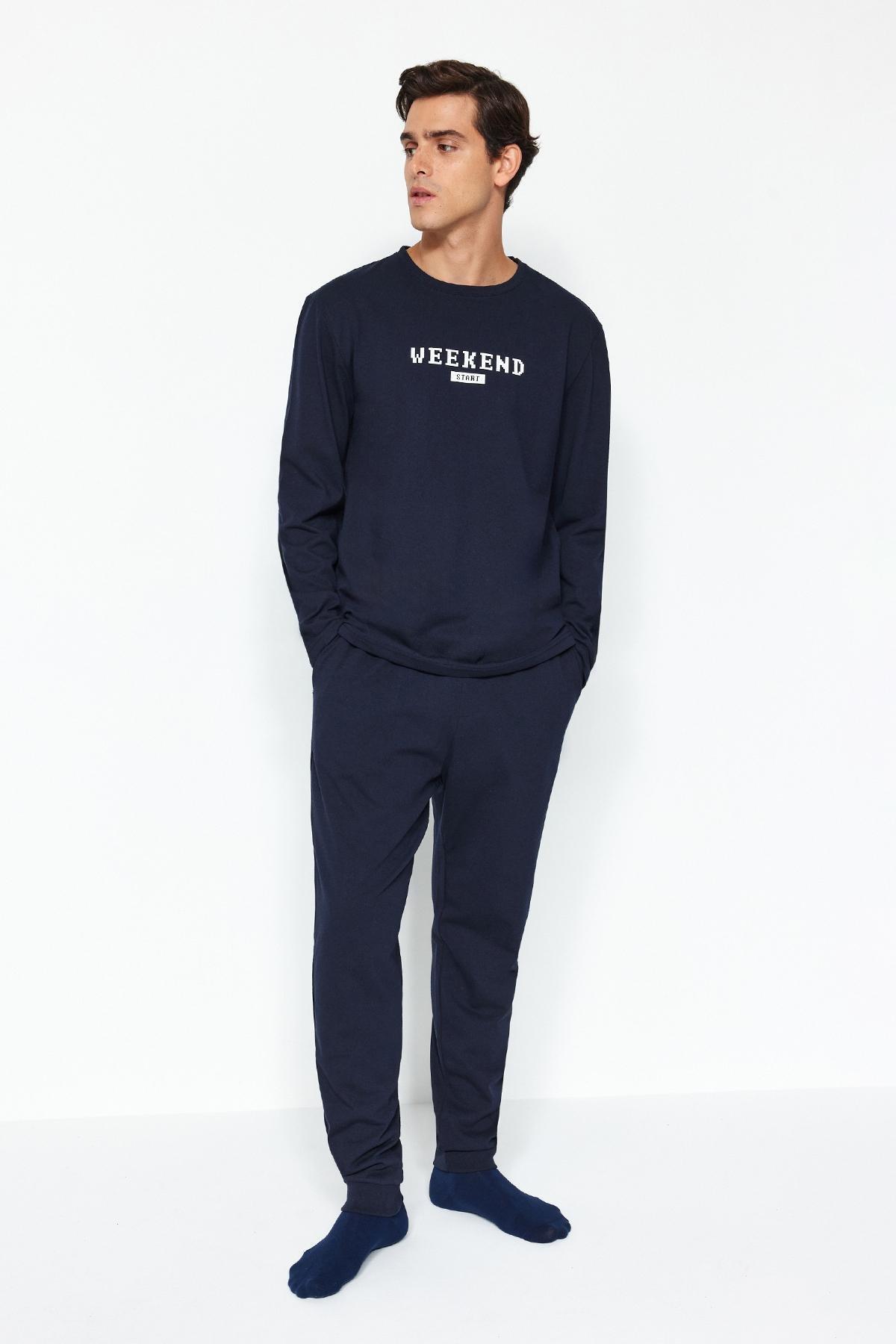 Navy Printed Knitted Pyjamas Set, Navy blue, large image number 0
