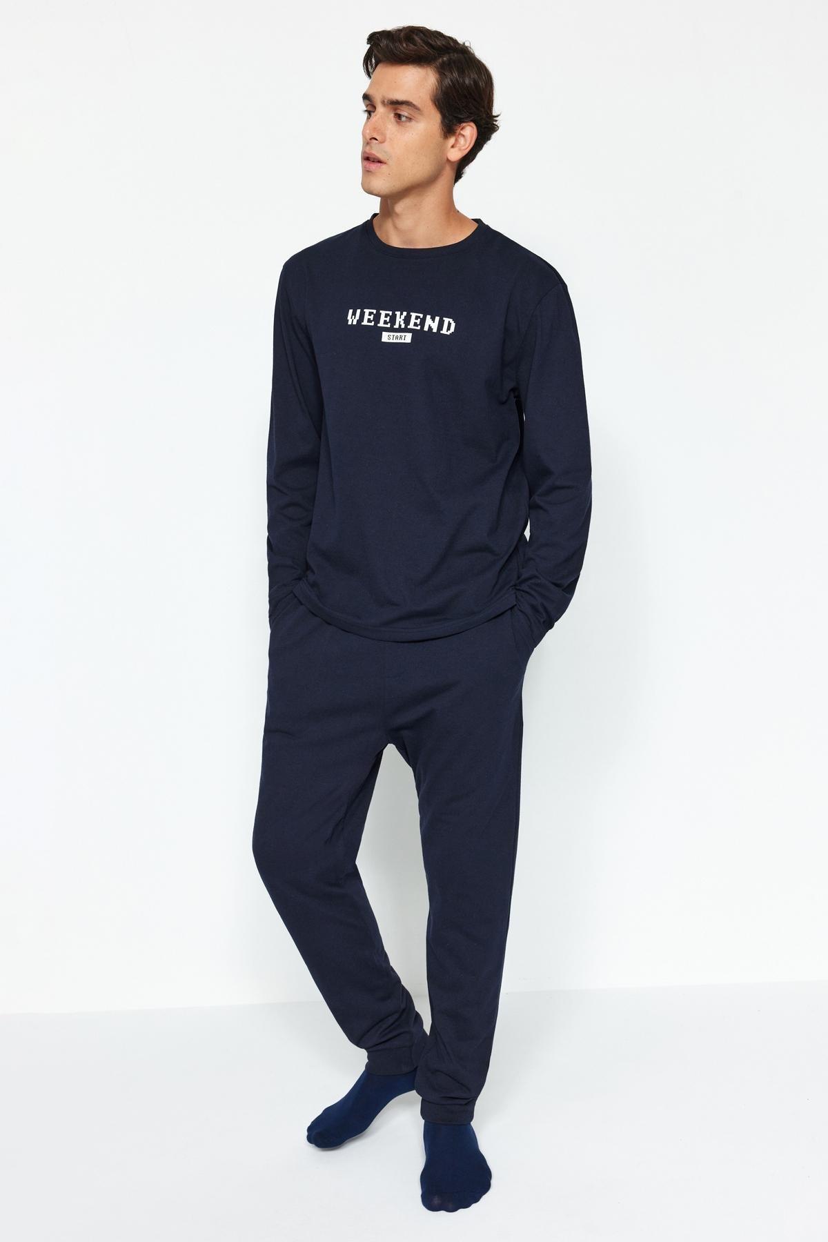 Navy Printed Knitted Pyjamas Set, Navy blue, large image number 1