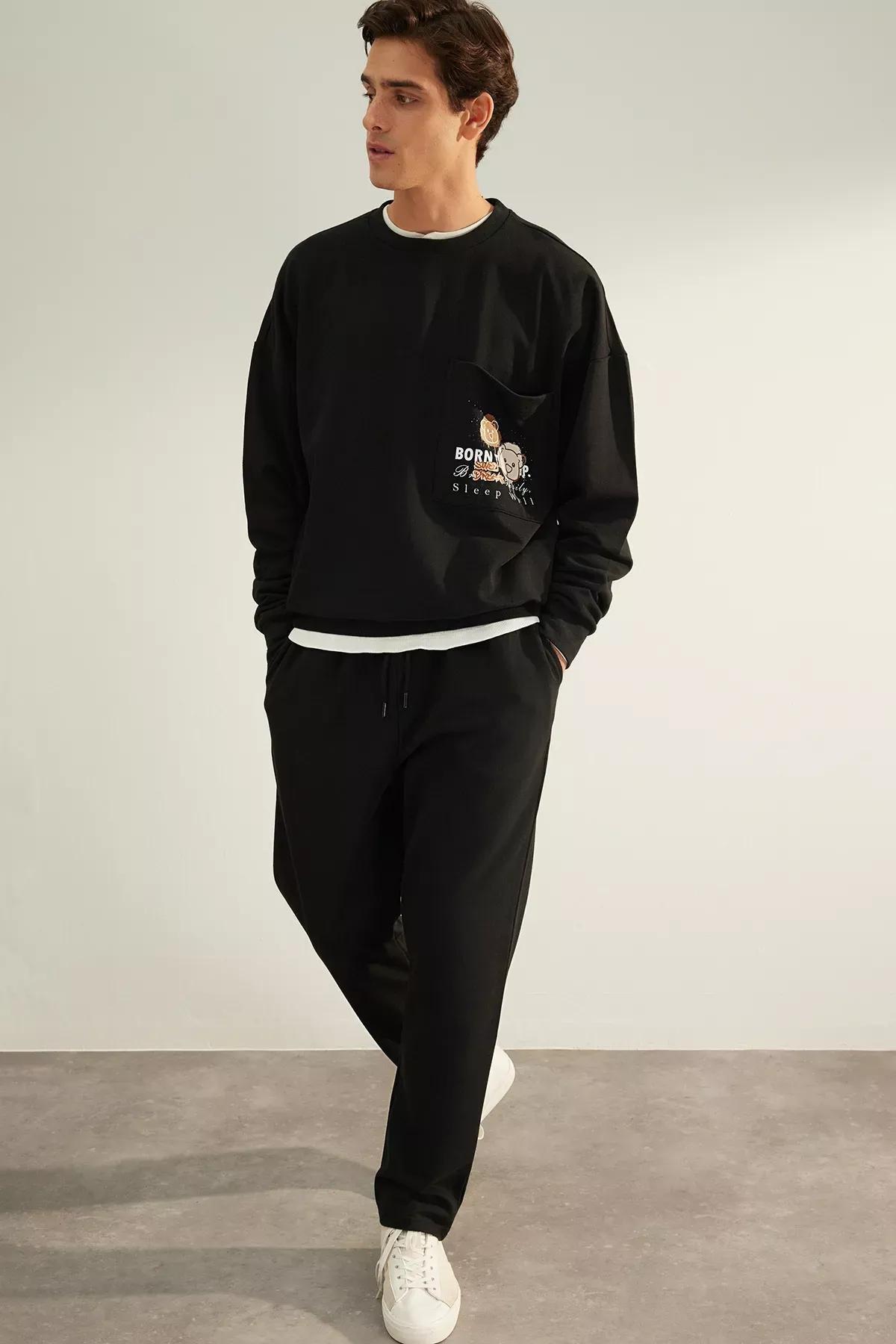 Black Printed Knitted Pyjamas Set, , large image number 0