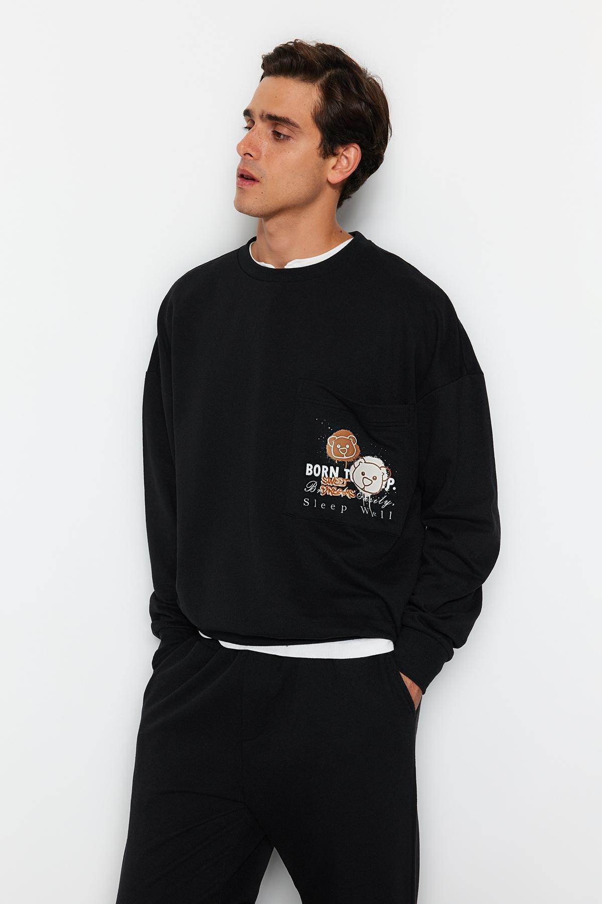 Black Printed Knitted Pyjamas Set, , large image number 1