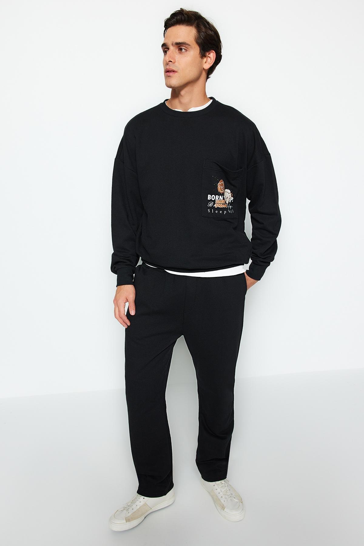 Black Printed Knitted Pyjamas Set, , large image number 2