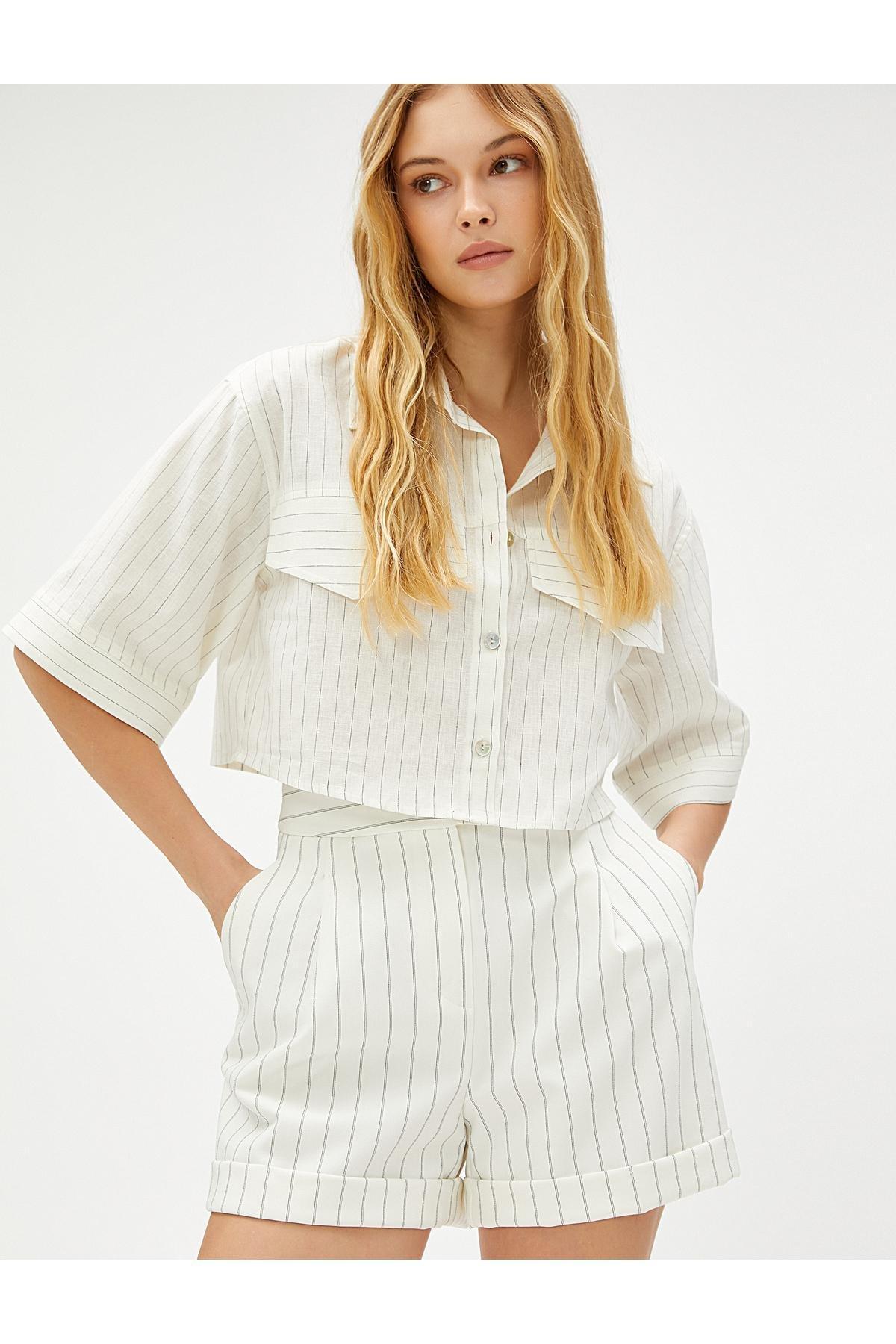 Koton - White Striped Oversized Crop Shirt