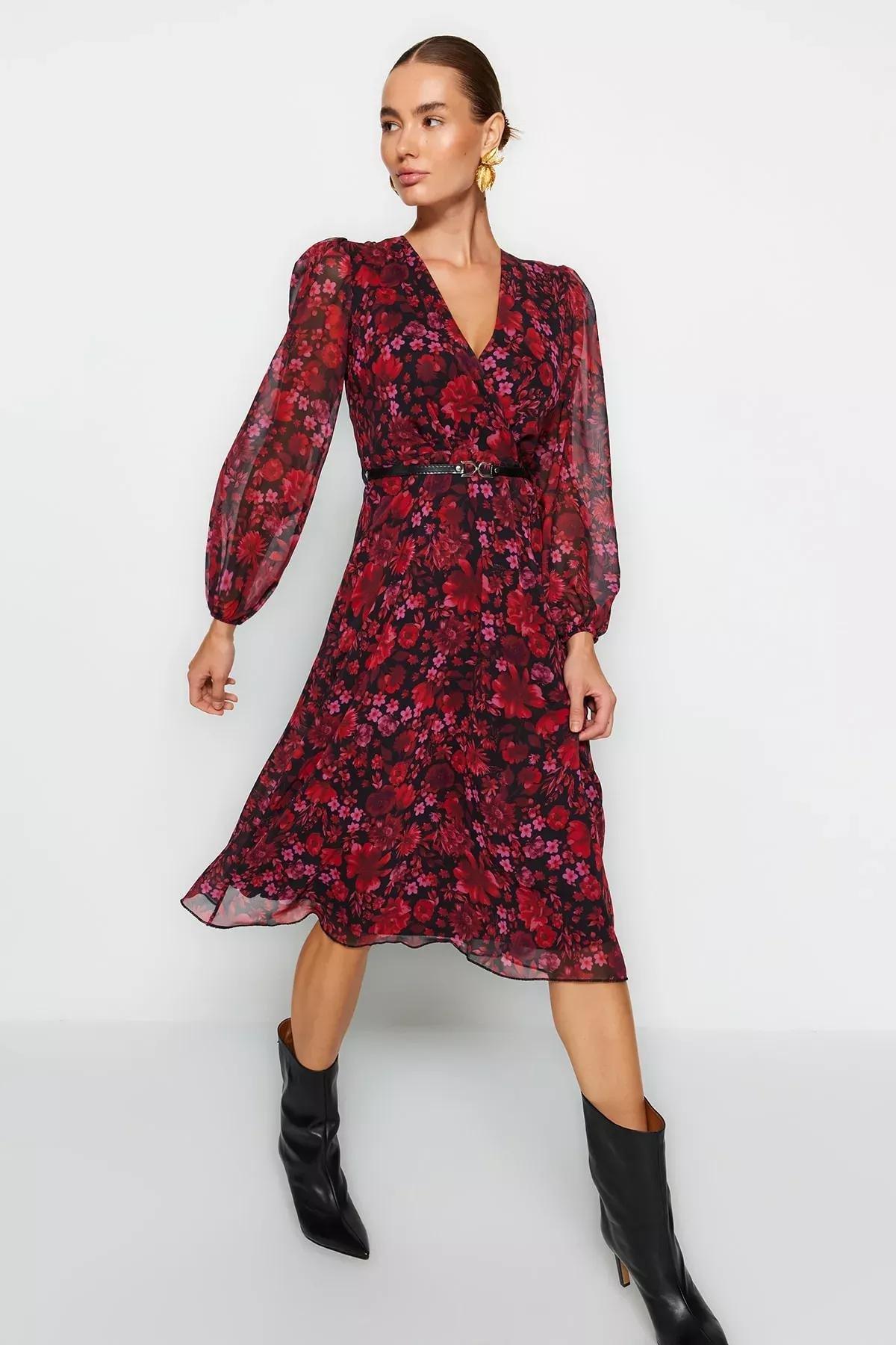Red Collared Patterned A-Line Dress, Burgundy, large image number 0