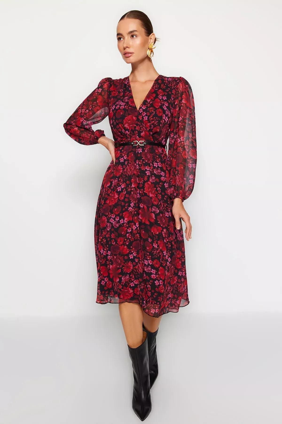 Red Collared Patterned A-Line Dress, Burgundy, large image number 1