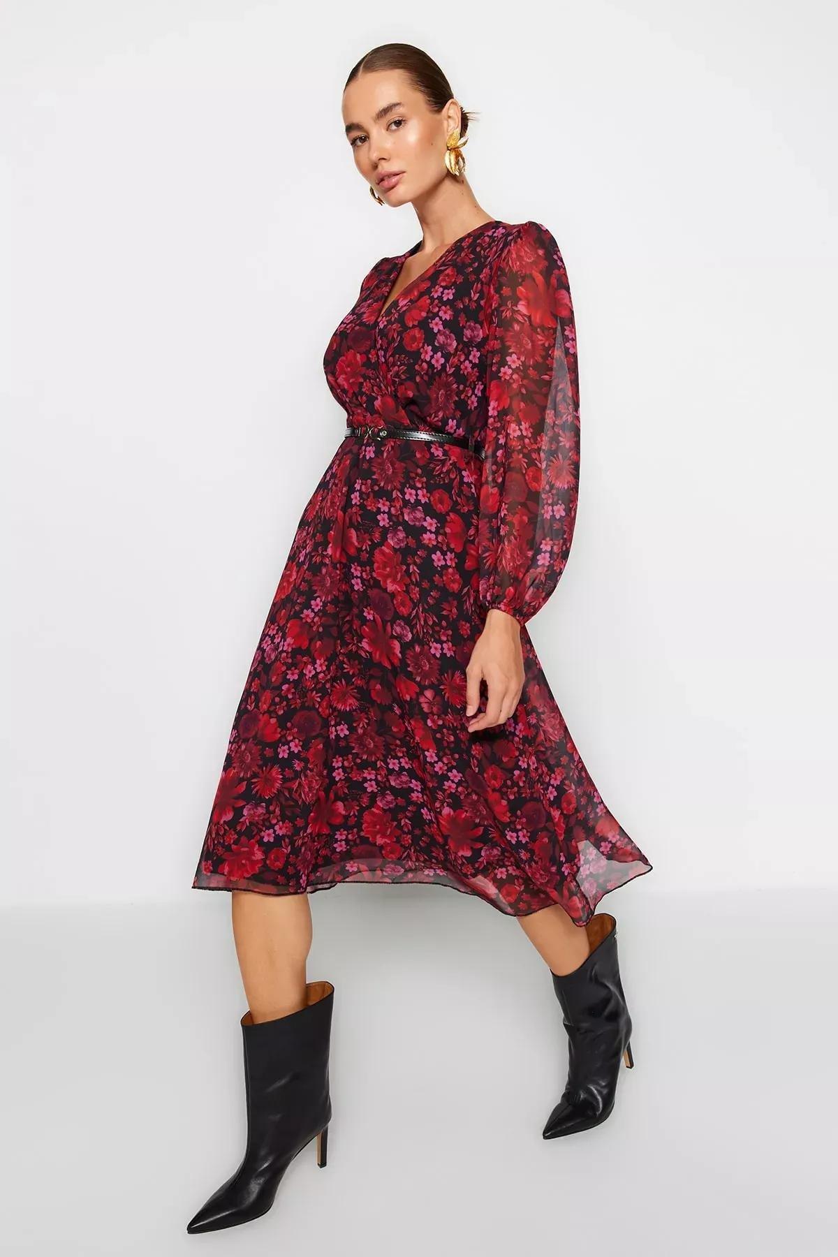 Red Collared Patterned A-Line Dress, Burgundy, large image number 2