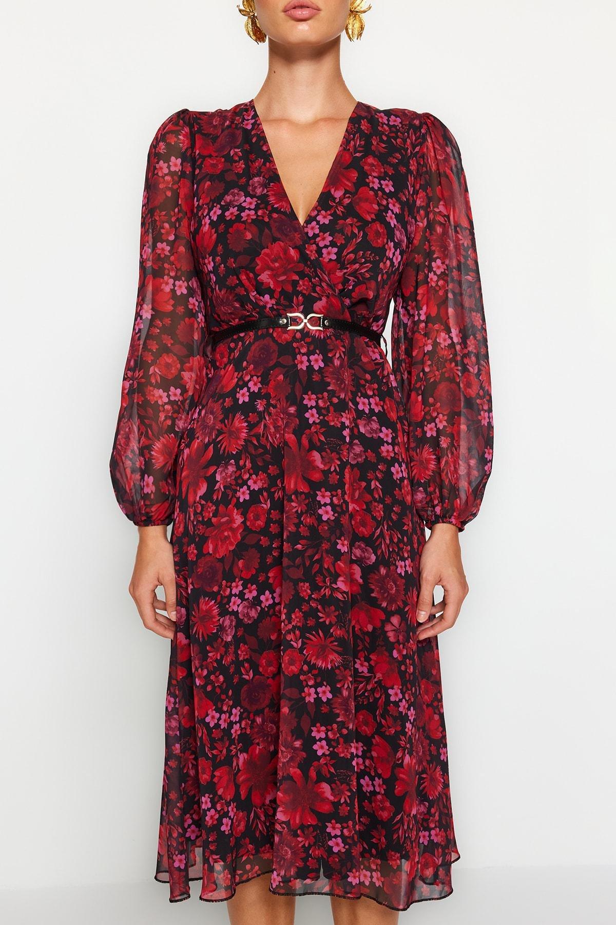 Trendyol - Red Collared Patterned A-Line Dress