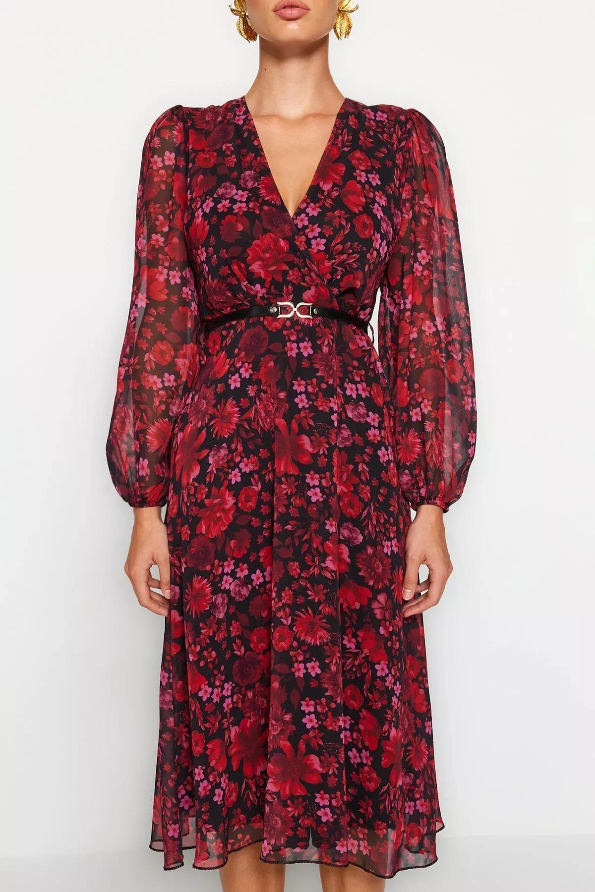 Red Collared Patterned A-Line Dress, Burgundy, large image number 3