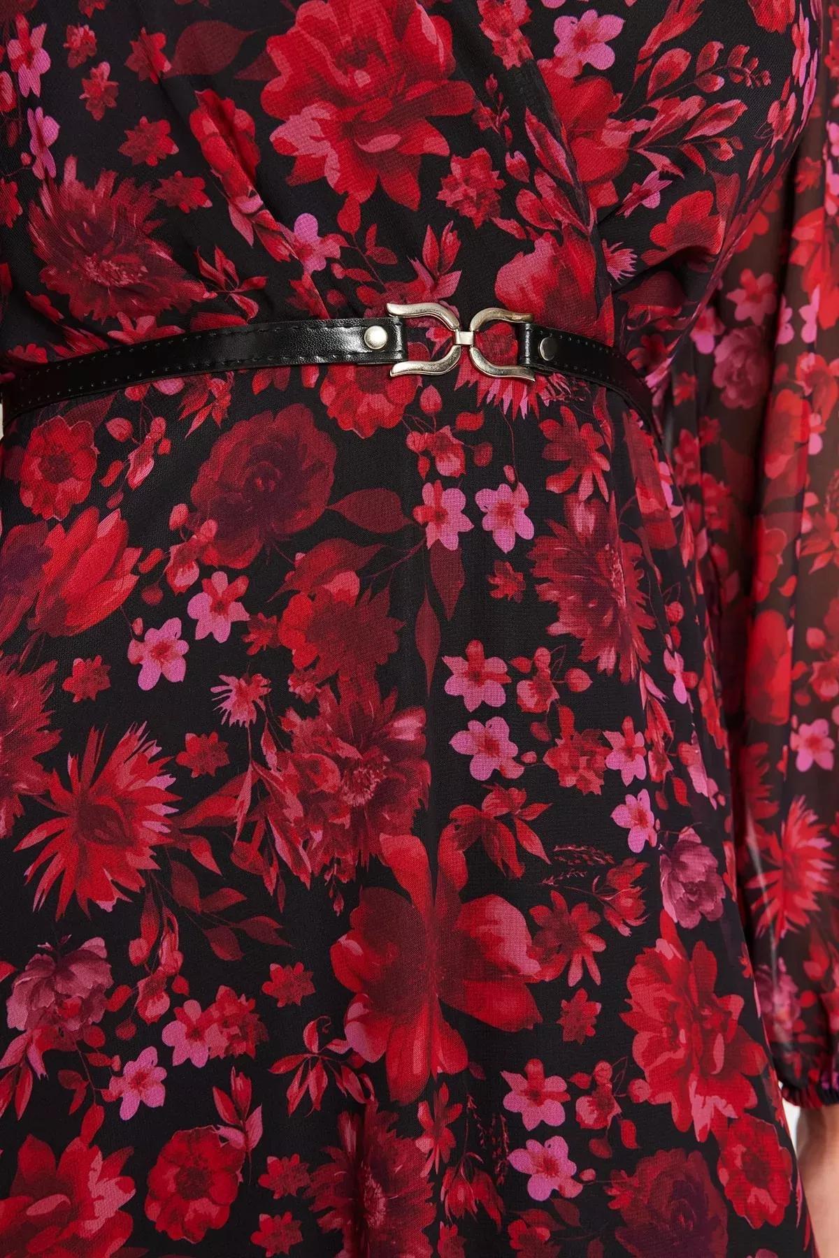 Red Collared Patterned A-Line Dress, Burgundy, large image number 4