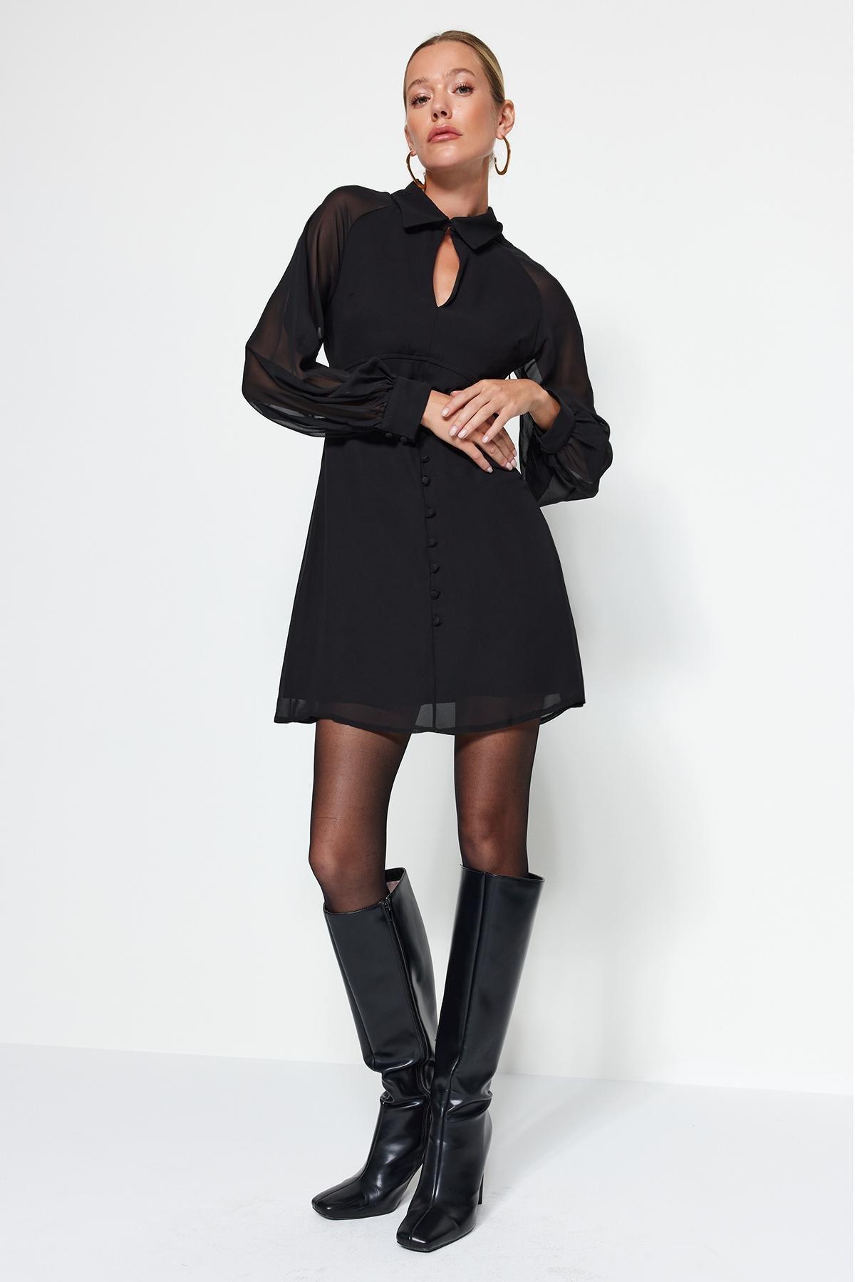 Black Chiffon Collared Detailed Dress, BLACK, large image number 2