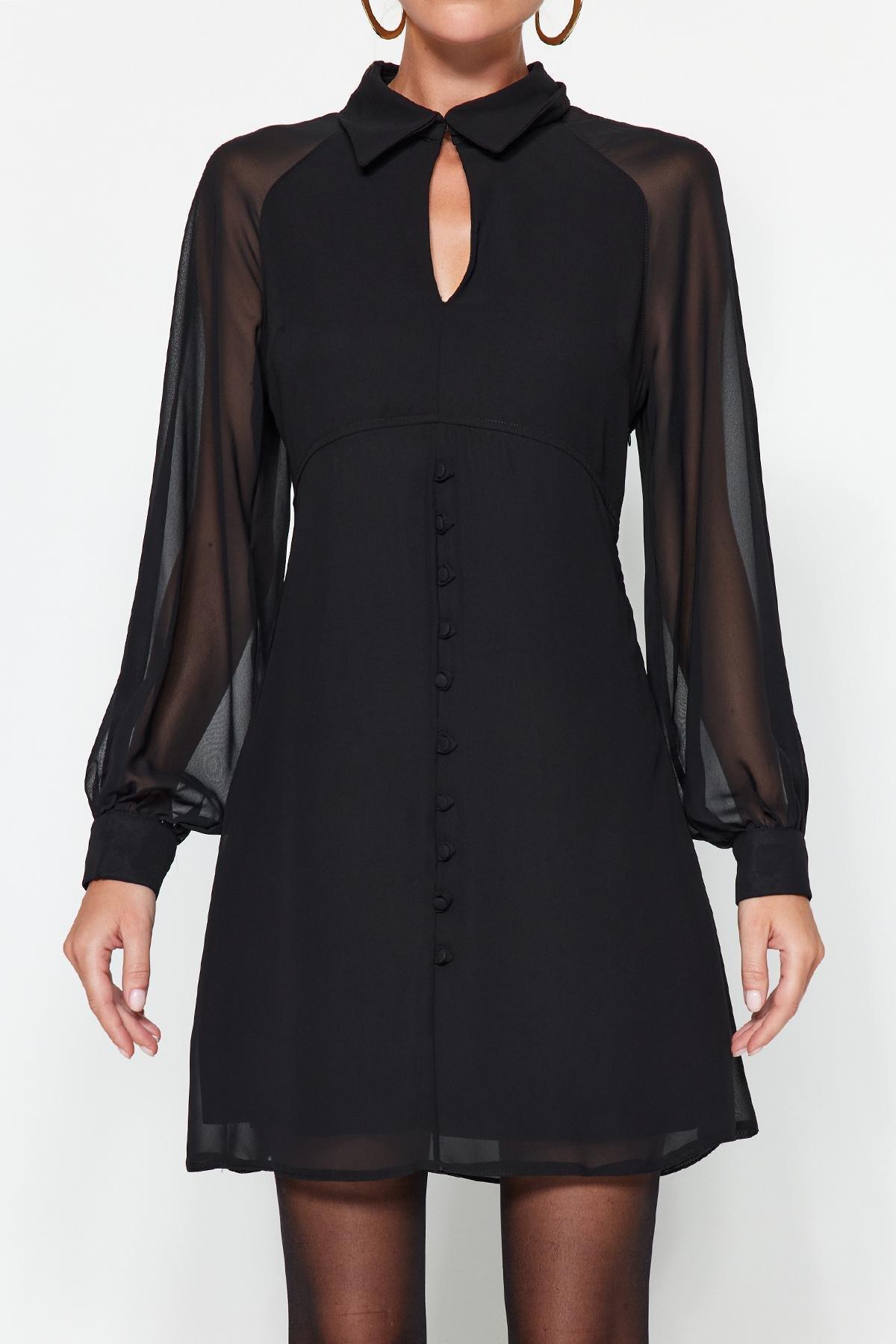 Black Chiffon Collared Detailed Dress, BLACK, large image number 3