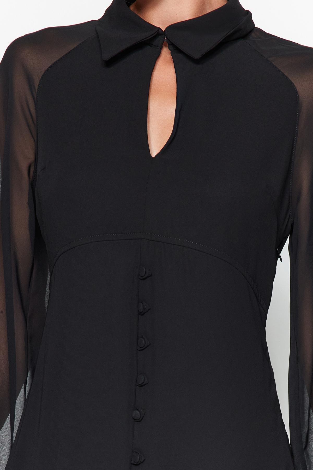 Black Chiffon Collared Detailed Dress, BLACK, large image number 4