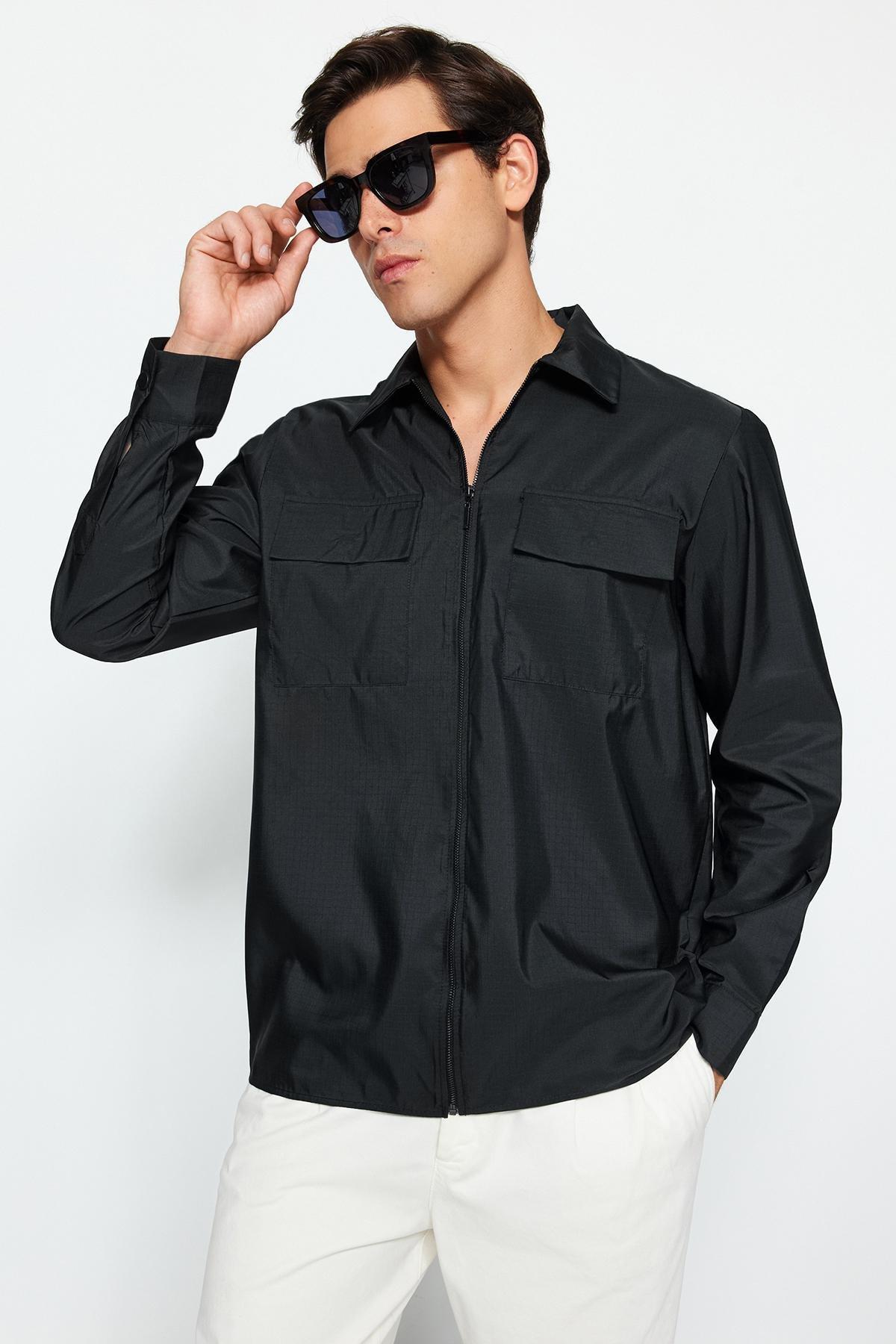 Black Regular Technical Fabric Shirt, BLACK, large image number 4