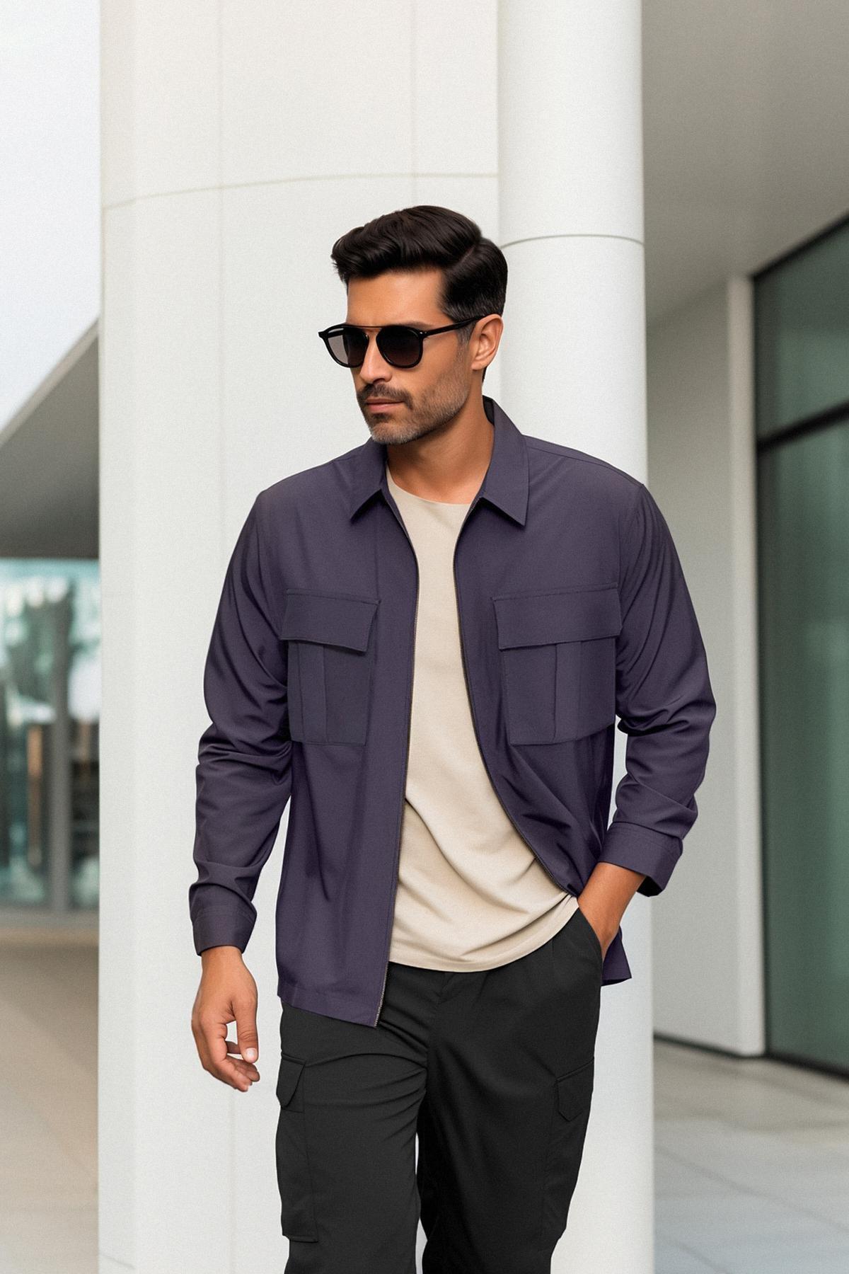 Grey Regular Double Zippered Technical Fabric Shirt, , large image number 0