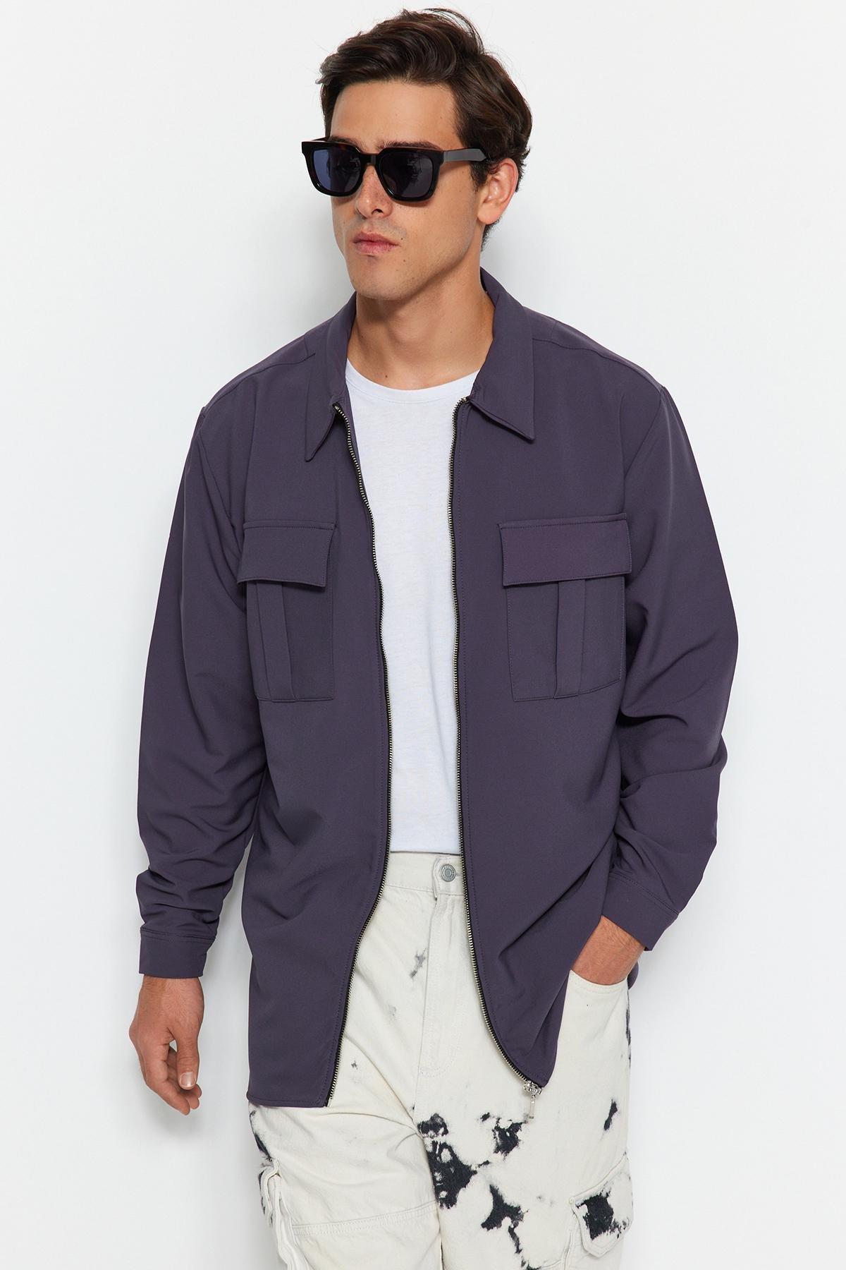 Grey Regular Double Zippered Technical Fabric Shirt, , large image number 1