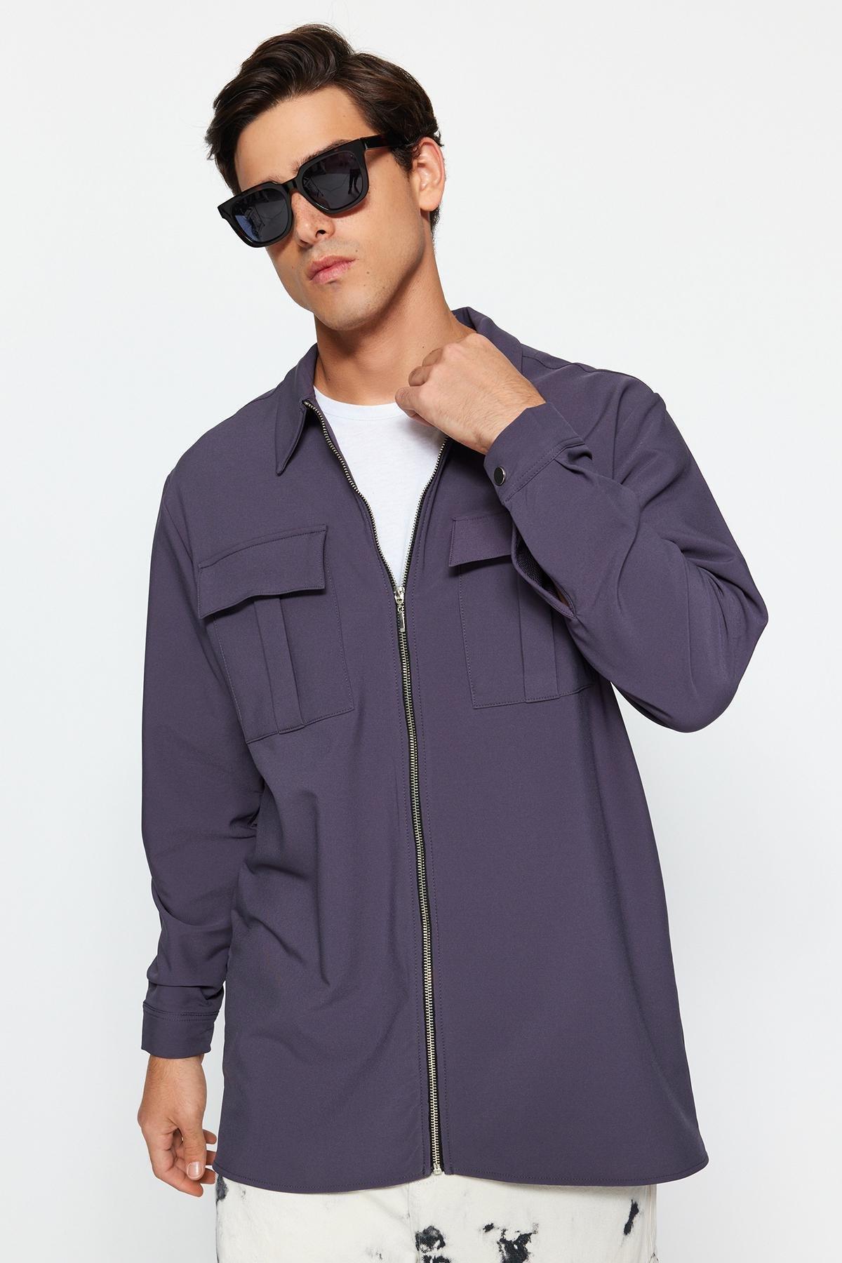 Grey Regular Double Zippered Technical Fabric Shirt, , large image number 3