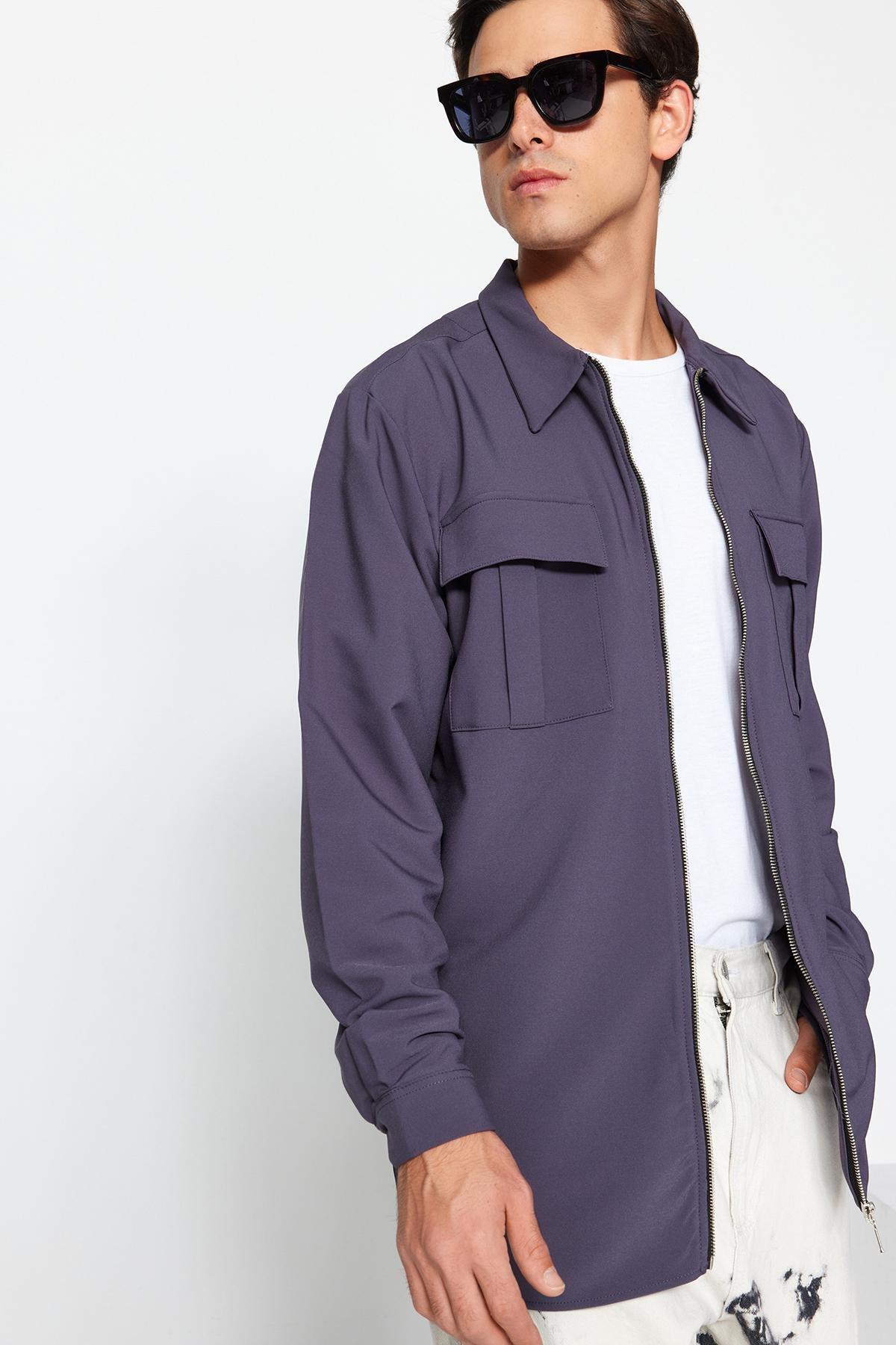 Grey Regular Double Zippered Technical Fabric Shirt, , large image number 4