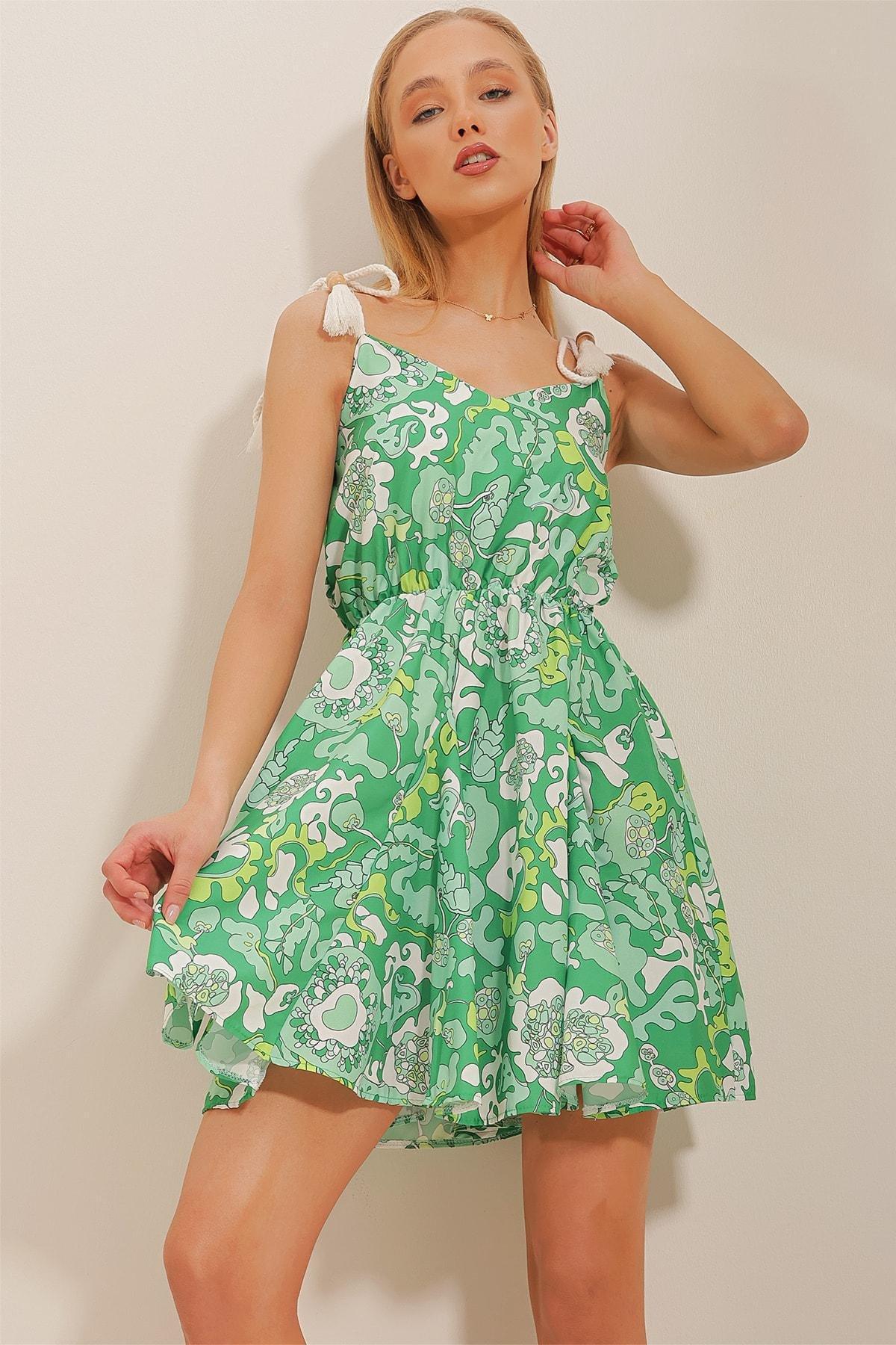 Green Rope Straps Patterned Poplin Dress, , large image number 0
