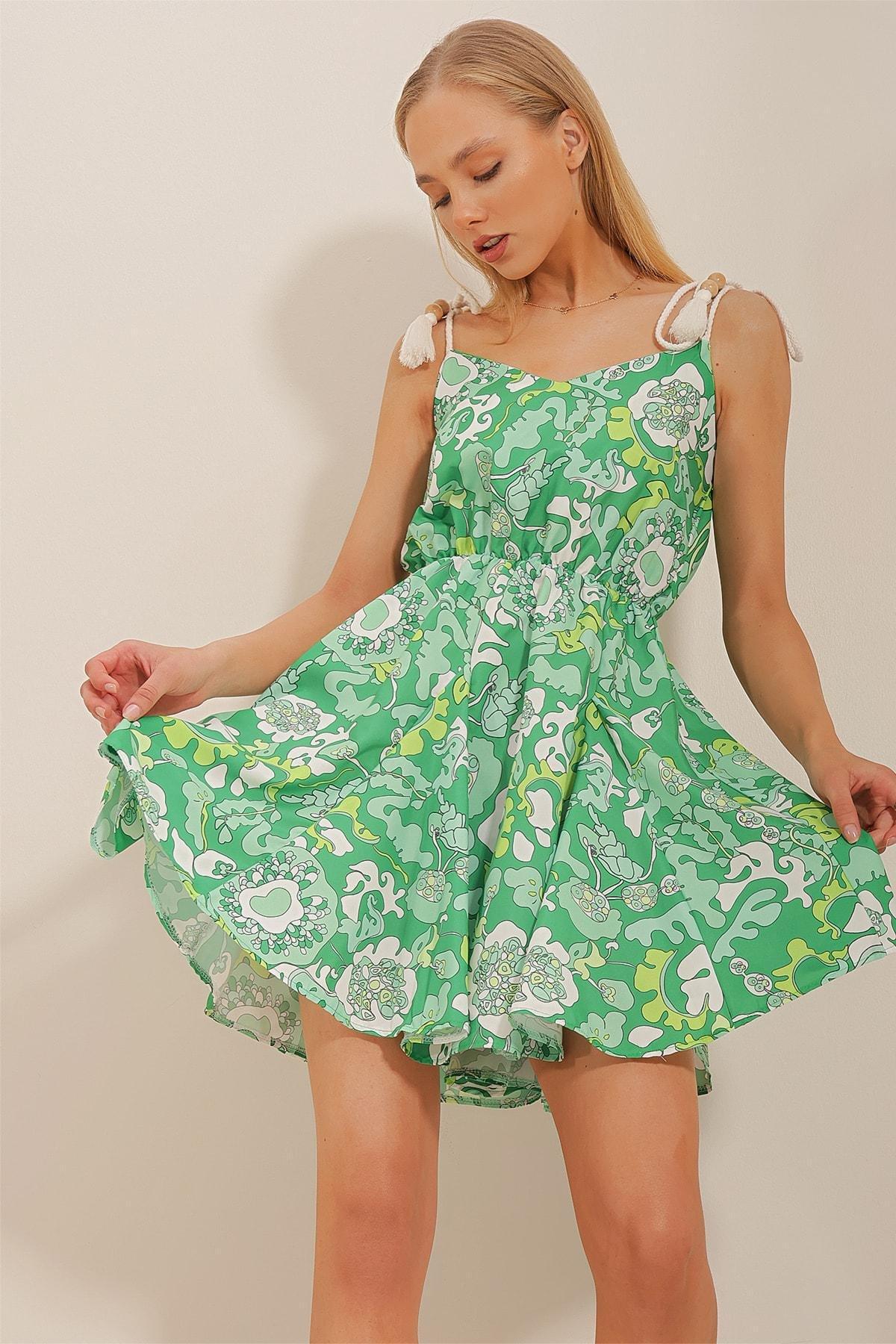 Green Rope Straps Patterned Poplin Dress, , large image number 1