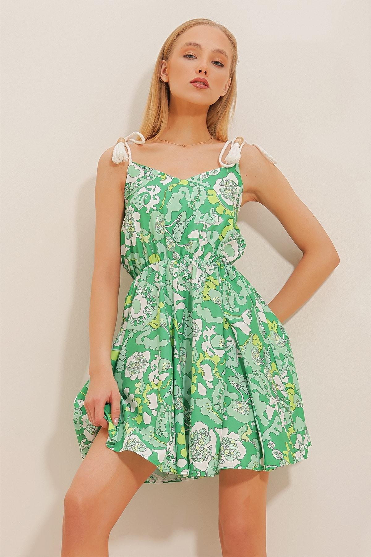 Green Rope Straps Patterned Poplin Dress, , large image number 2