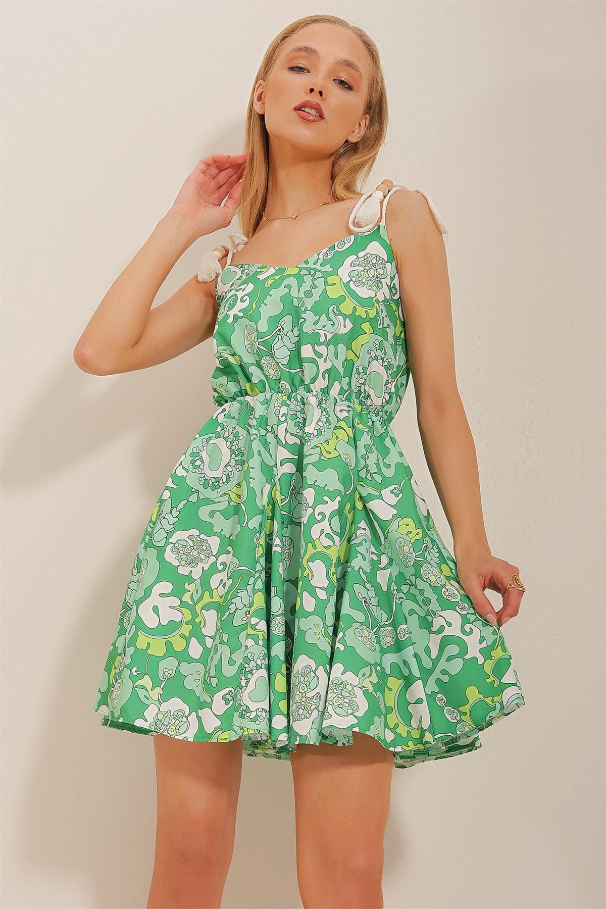 Green Rope Straps Patterned Poplin Dress, , large image number 3