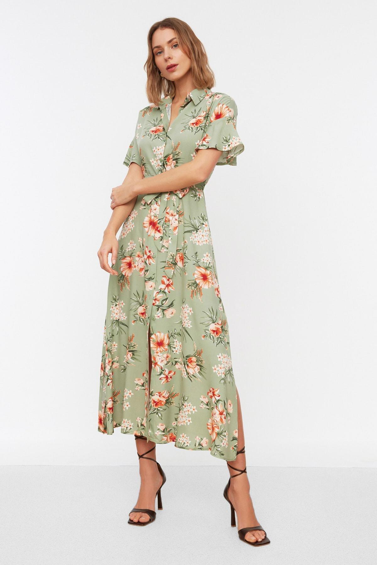 Green Floral Shirt Dress, , large image number 0