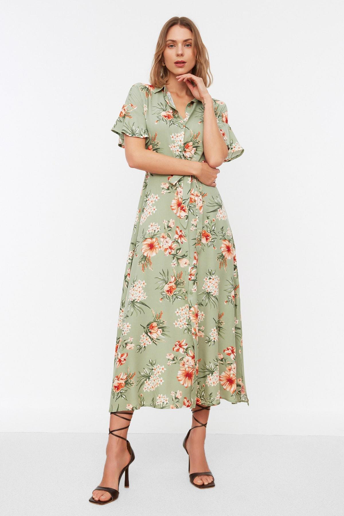 Green Floral Shirt Dress, , large image number 1