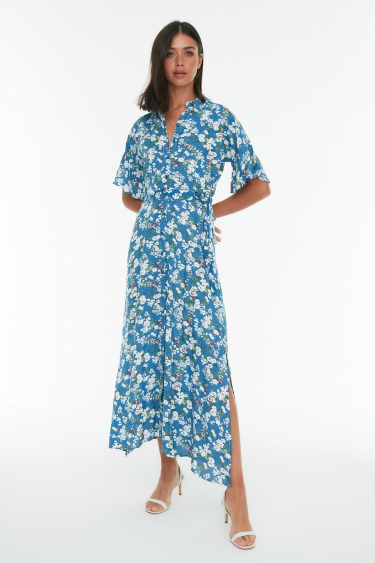 Blue Belted Maxi Floral Dress, , large image number 0