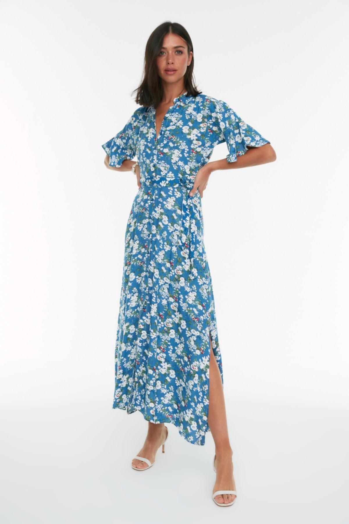 Blue Belted Maxi Floral Dress, , large image number 1
