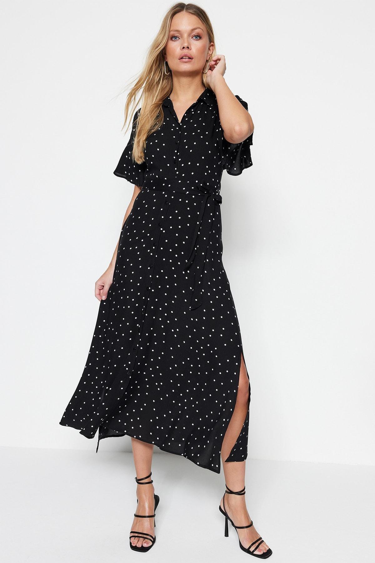 Black Polka Dot Shirt Dress, , large image number 1