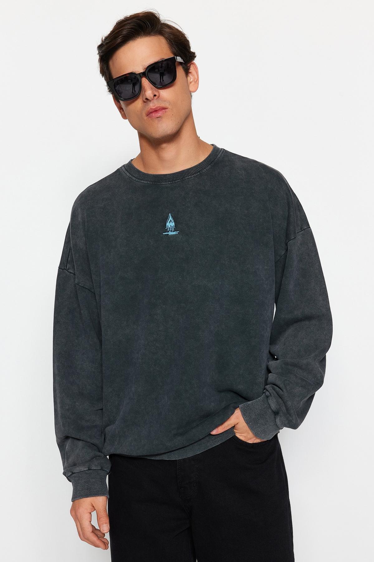Grey Crew Neck Oversized Sweatshirt, , large image number 1