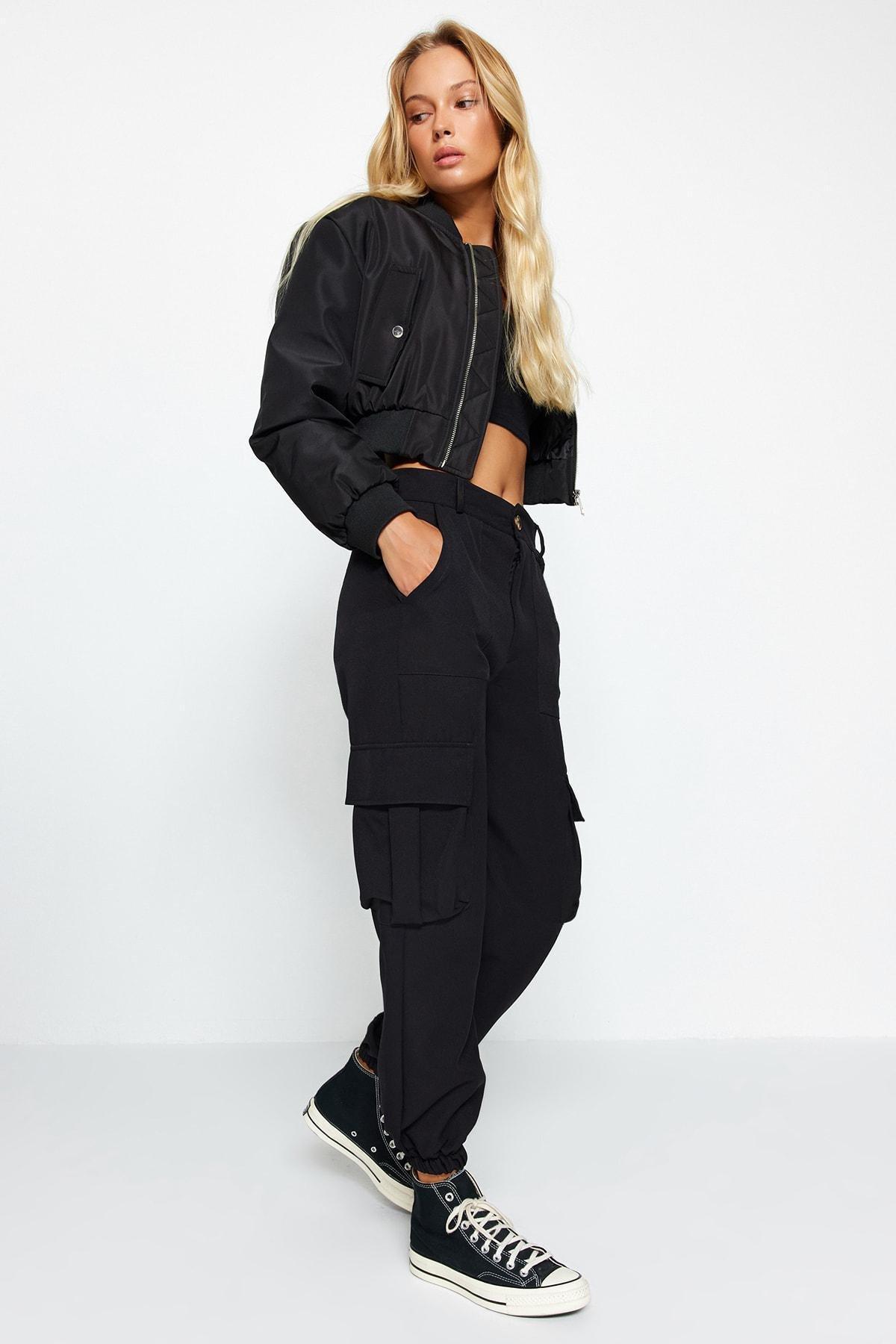 Black Woven Cargo Trousers, , large image number 0