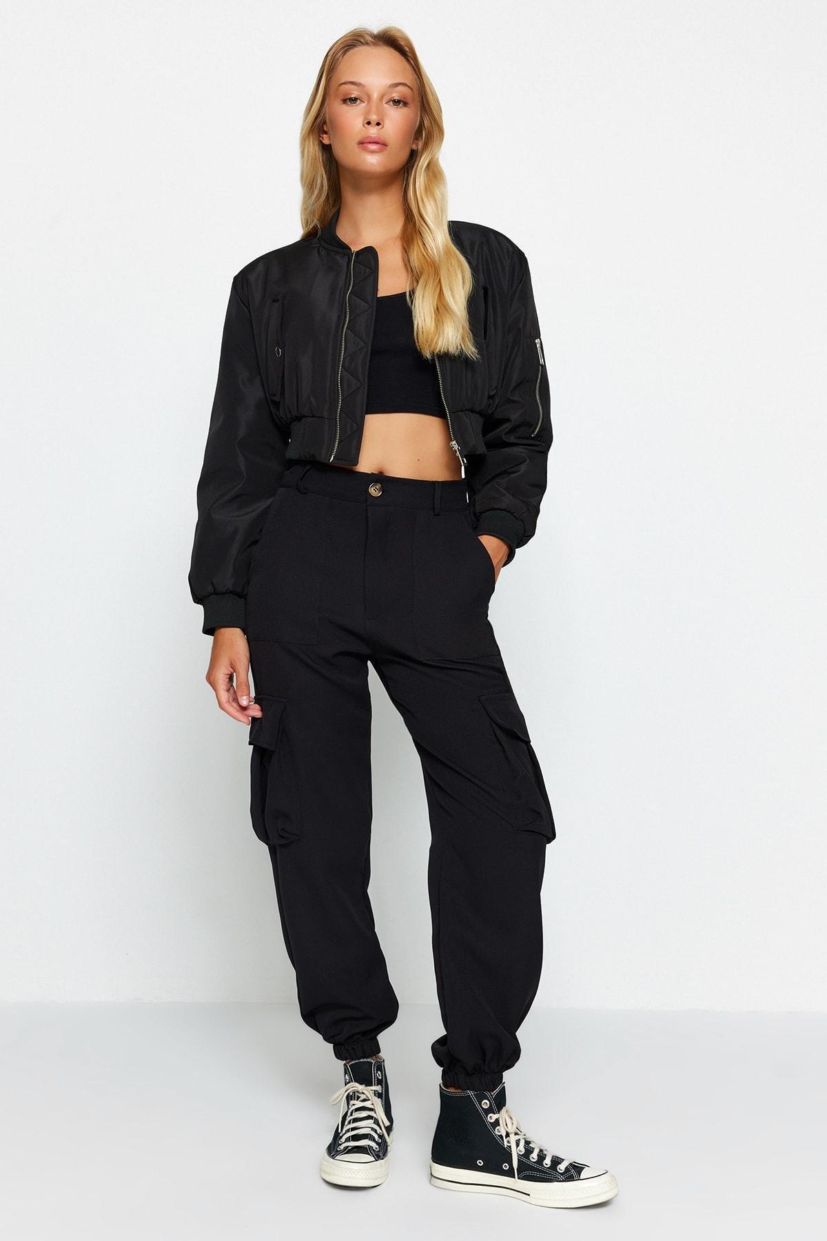 Black Woven Cargo Trousers, , large image number 2