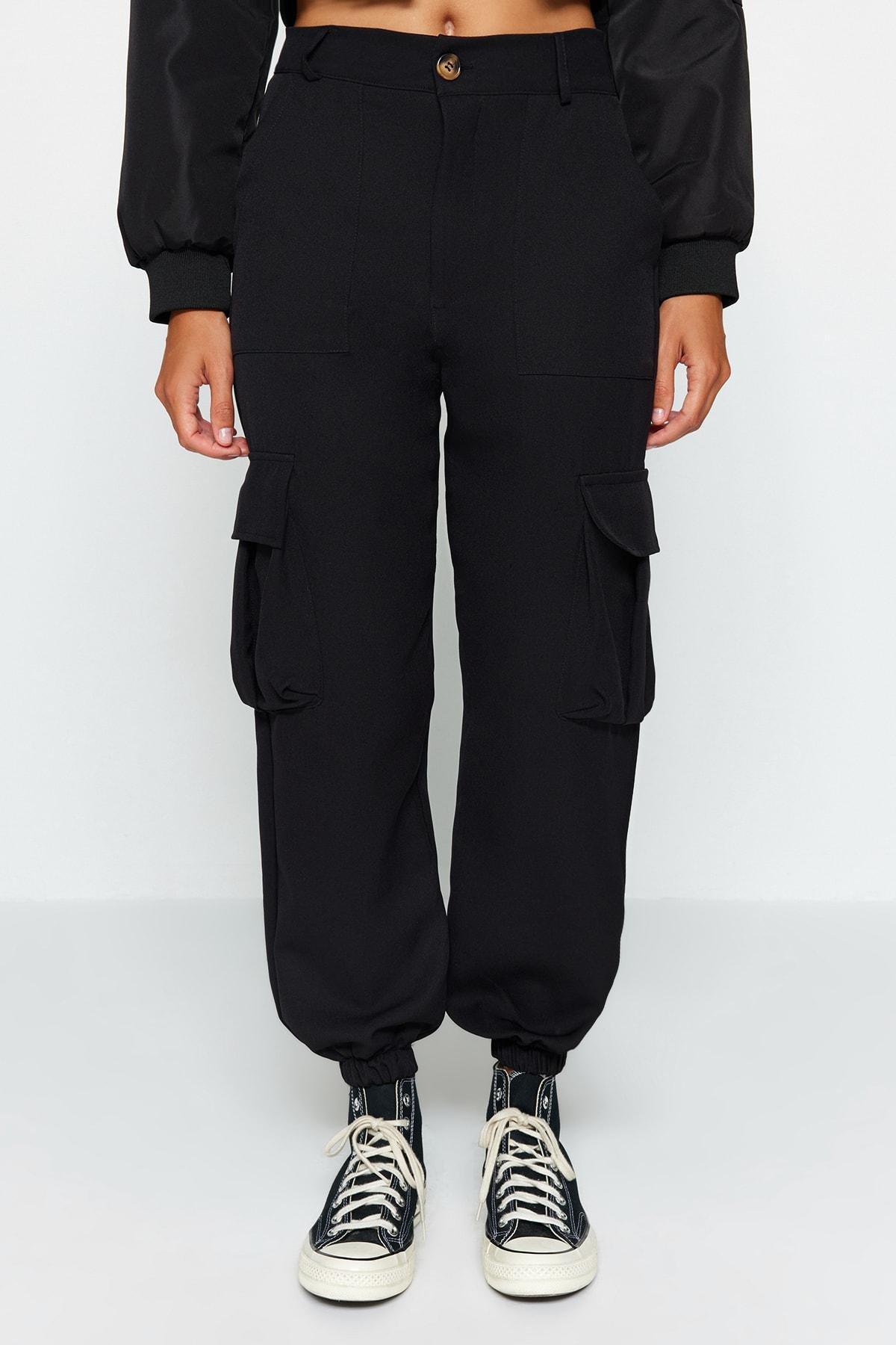 Black Woven Cargo Trousers, , large image number 3