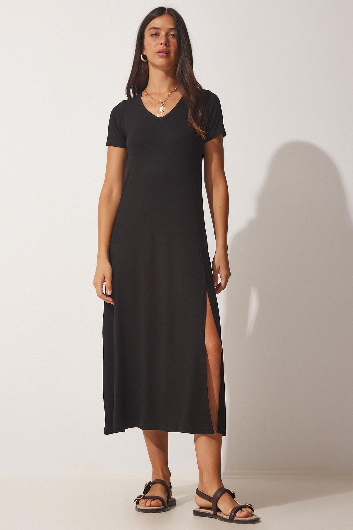 Black V-Neck Summer Viscose Knitted Dress, C101_30, large image number 0