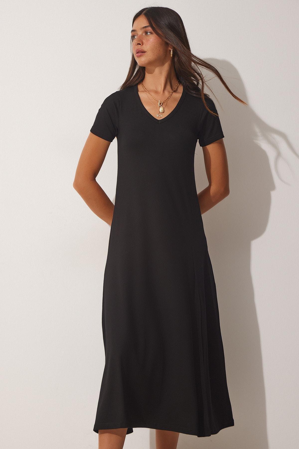 Black V-Neck Summer Viscose Knitted Dress, C101_30, large image number 1