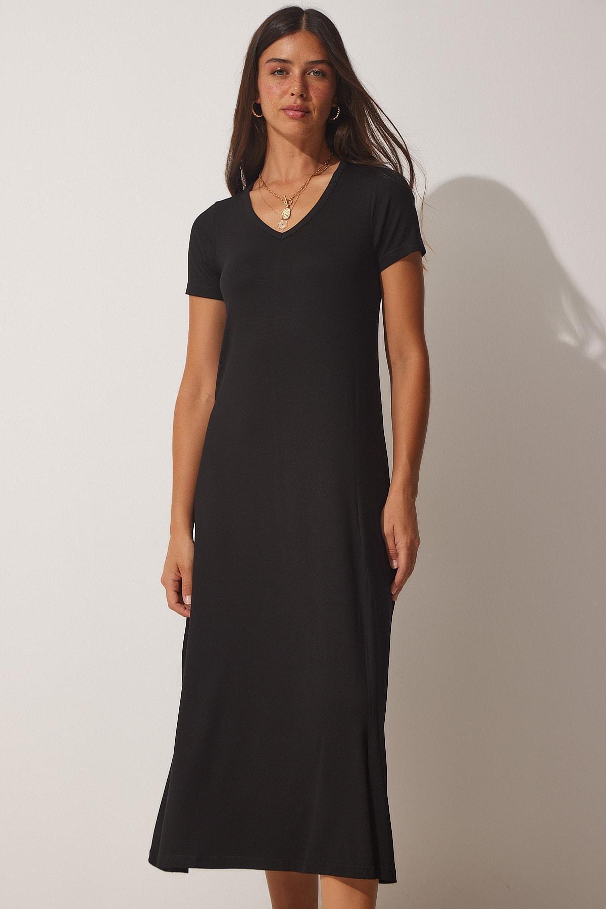 Black V-Neck Summer Viscose Knitted Dress, C101_30, large image number 2