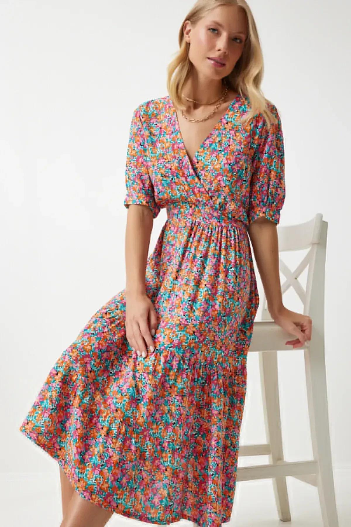 Pink Floral Bohemian Midi Dress RV00128, Pink Green, large image number 0