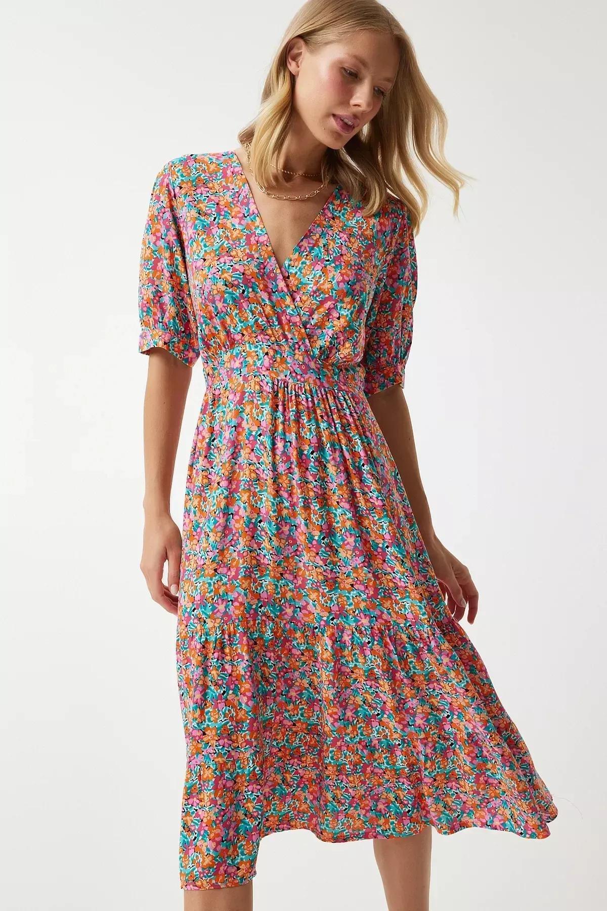 Pink Floral Bohemian Midi Dress RV00128, Pink Green, large image number 1