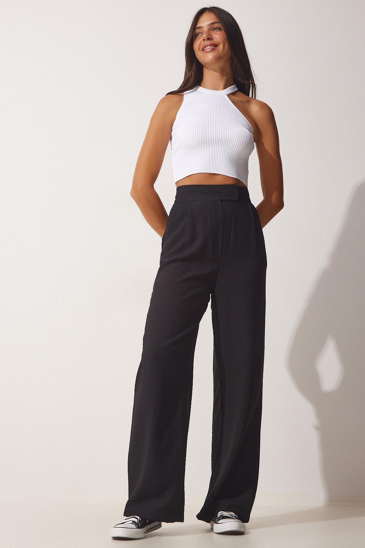 Black Flowy Linen Trousers, , large image number 0