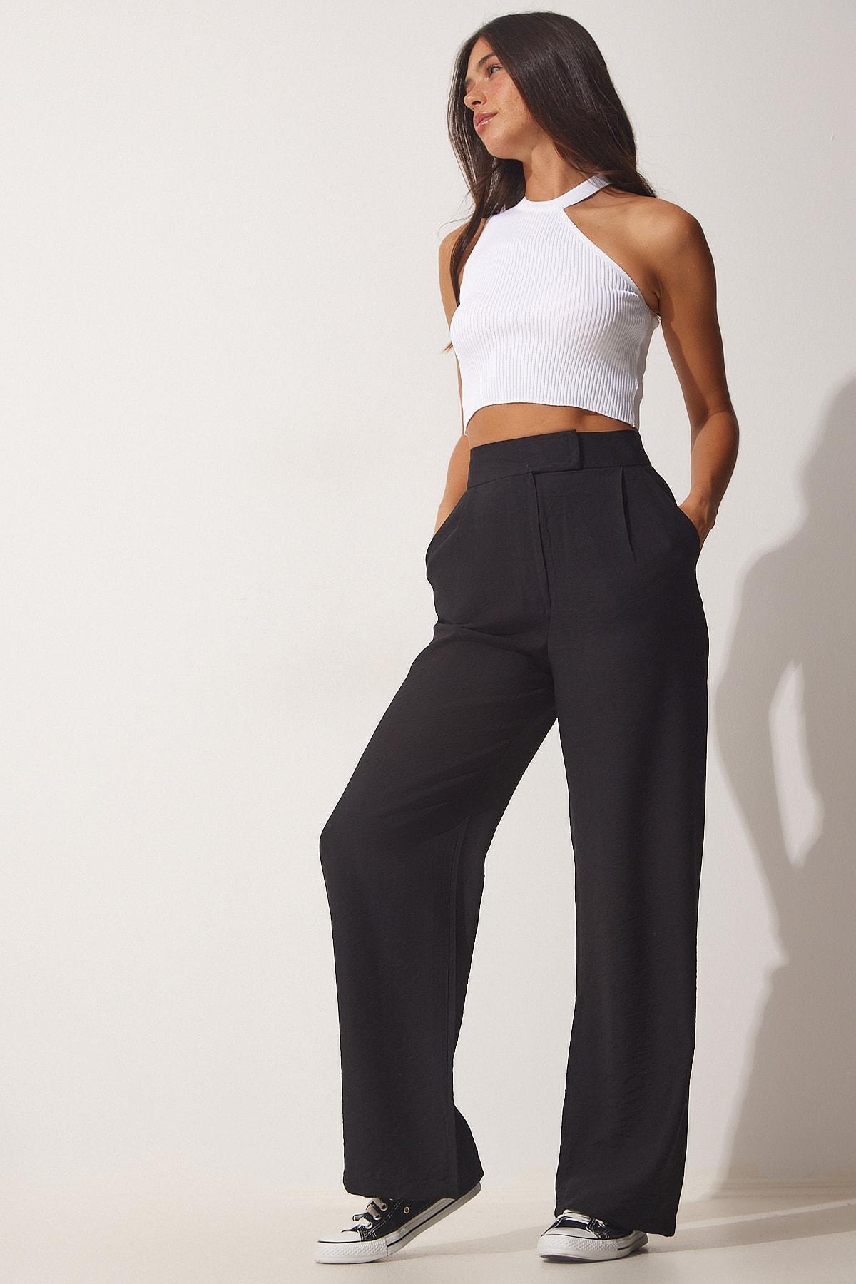 Black Flowy Linen Trousers, , large image number 1
