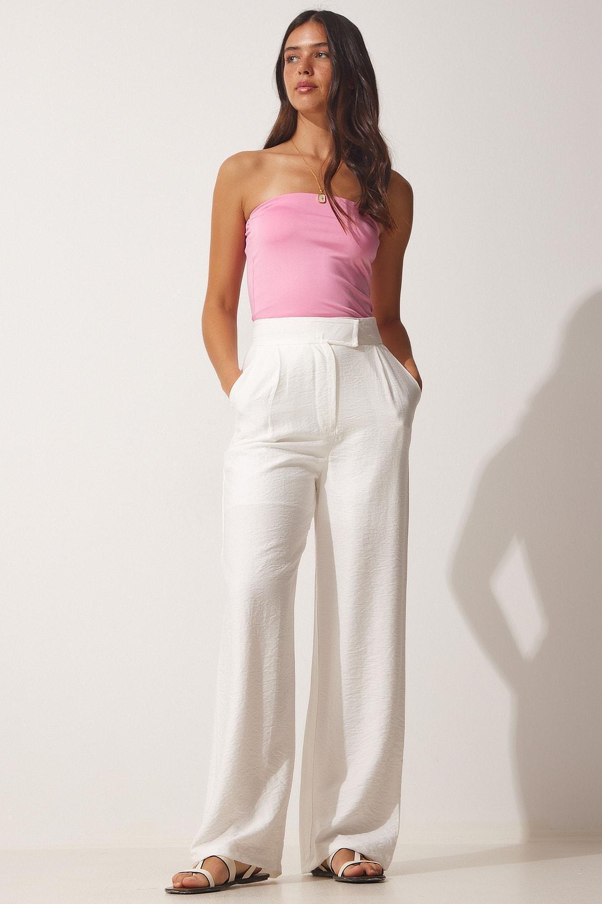 Happiness Istanbul - White Loose Fit Linen Pants With Velcro Fastener