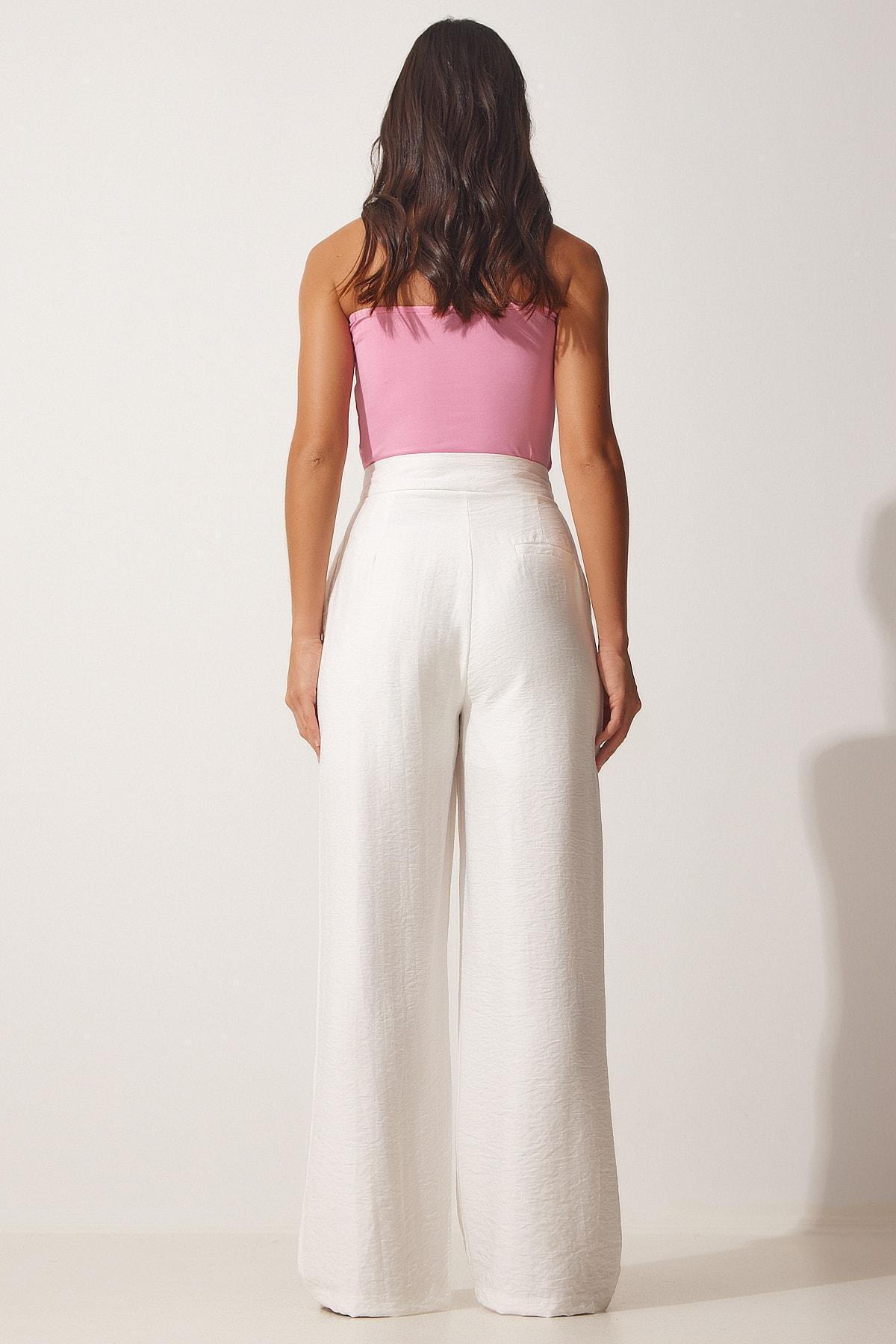 White Loose Fit Linen Pants With Velcro Fastener, , large image number 1