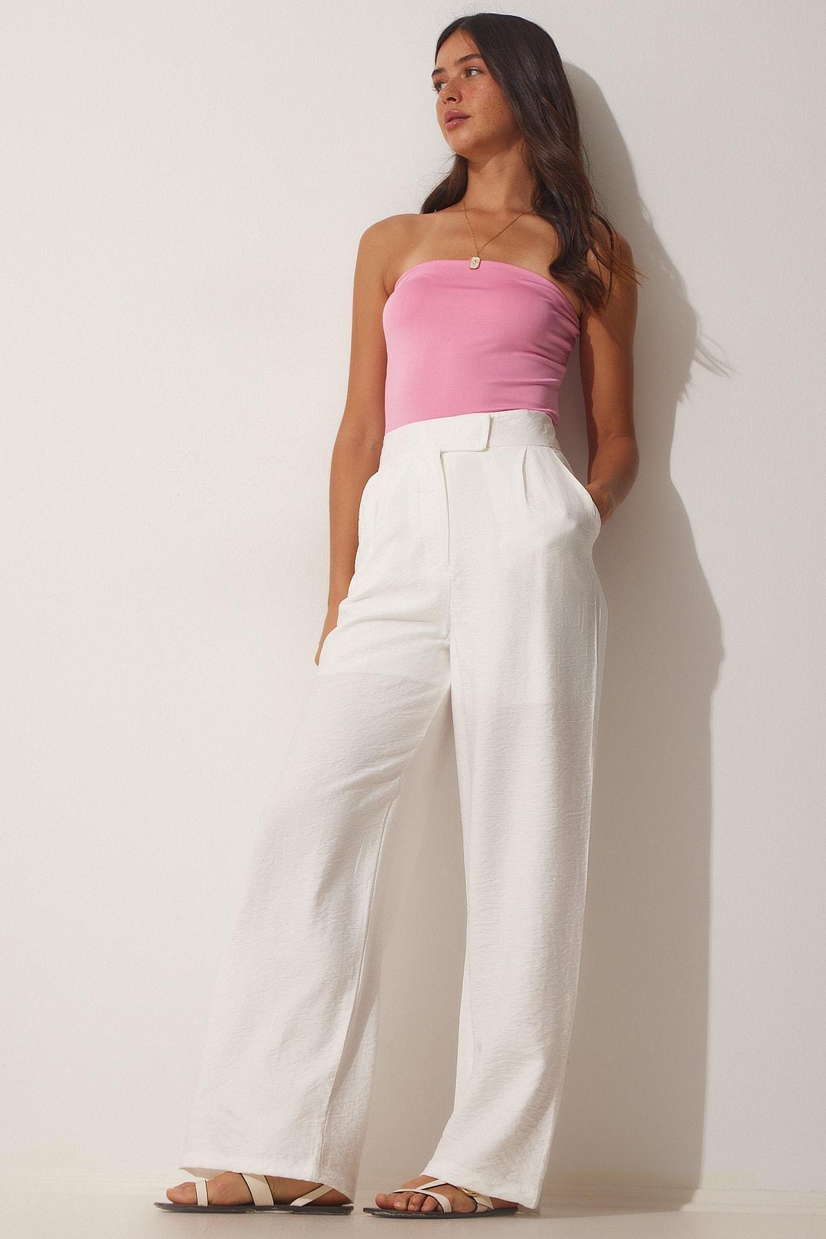 Happiness Istanbul - White Loose Fit Linen Pants With Velcro Fastener