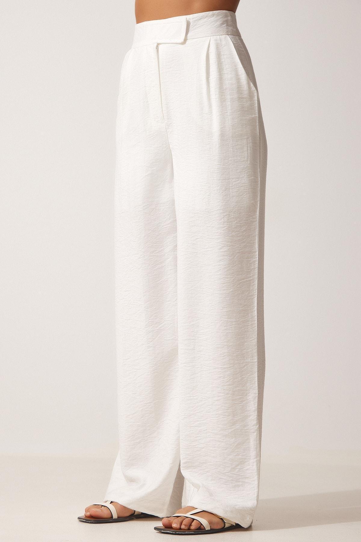 Happiness Istanbul - White Loose Fit Linen Pants With Velcro Fastener