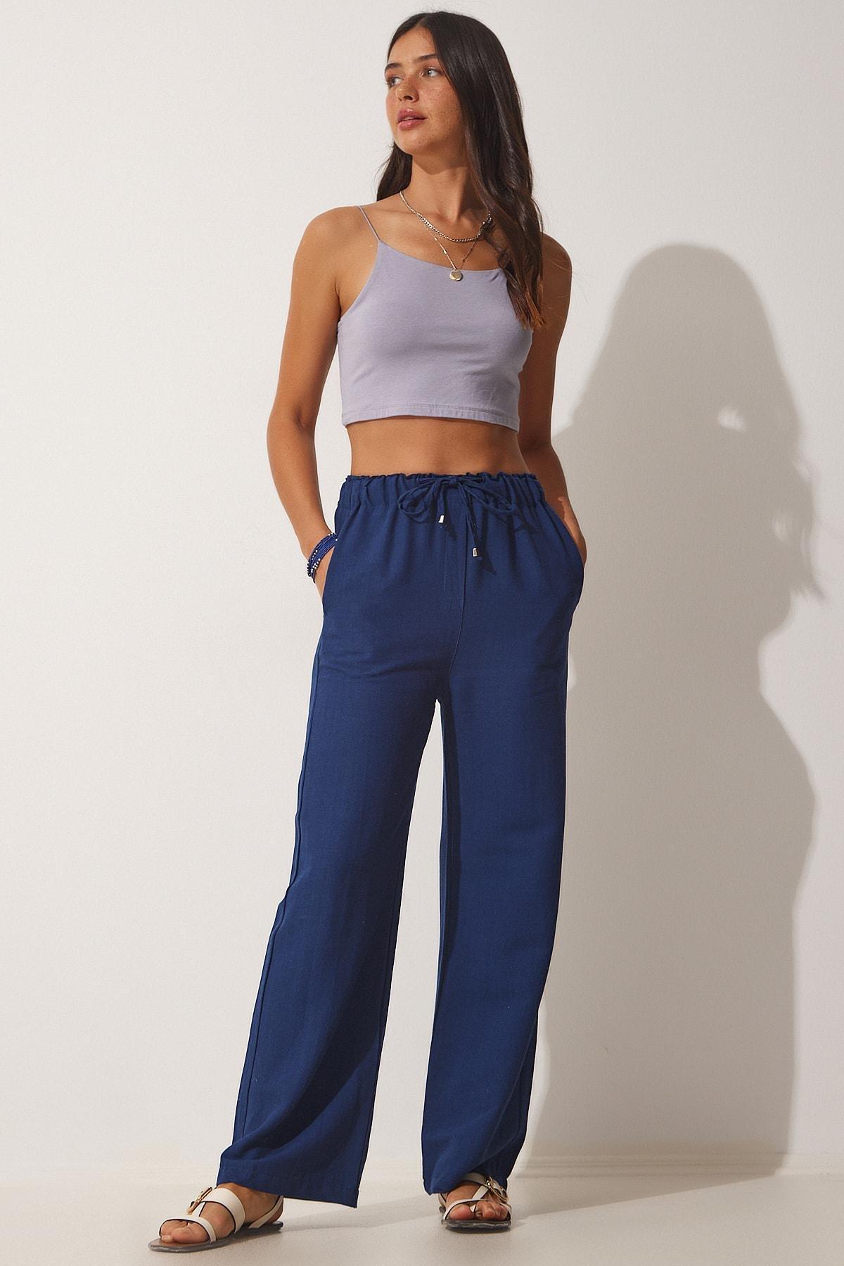 Happiness Istanbul - Navy Summer Linen Palazzo Pants