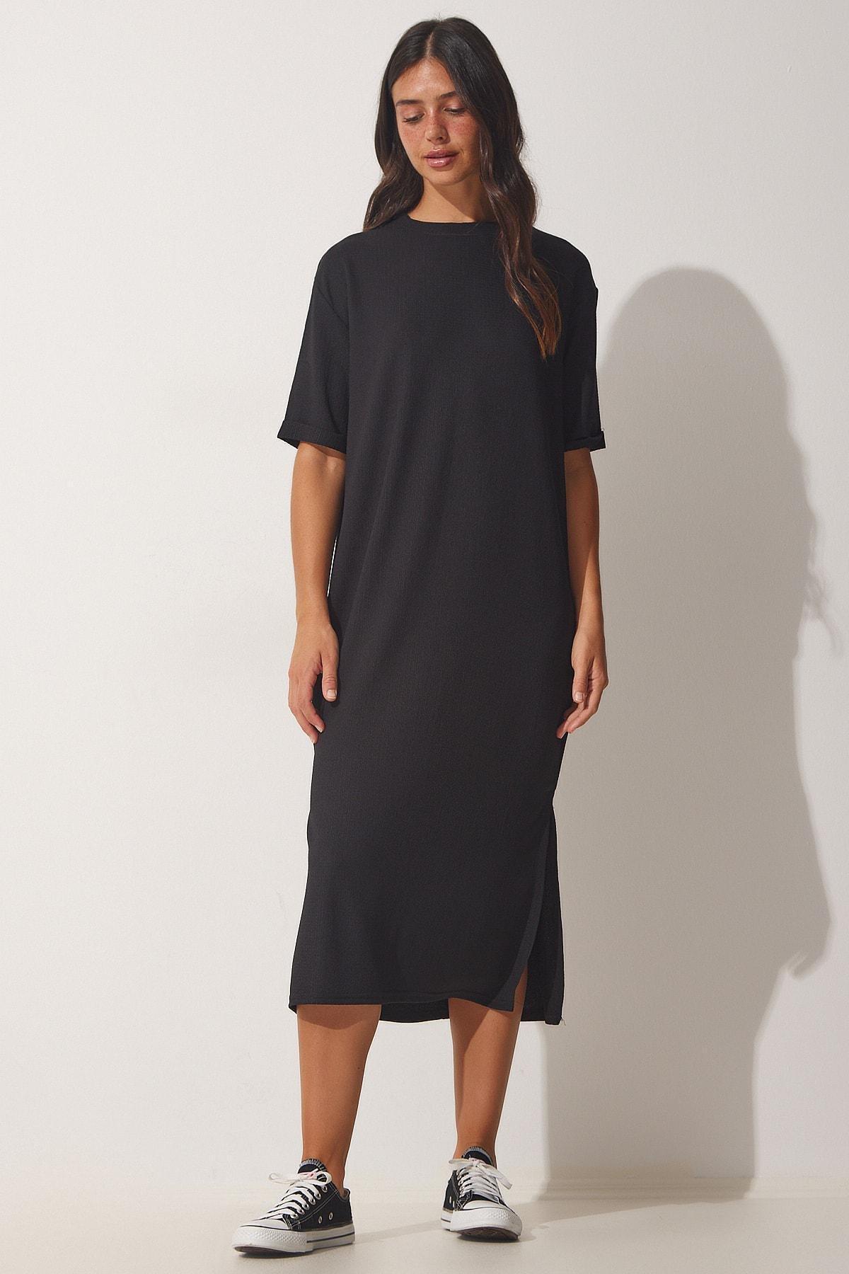 Black Textured Daily Knit Midi Dress, BLACK, large image number 1