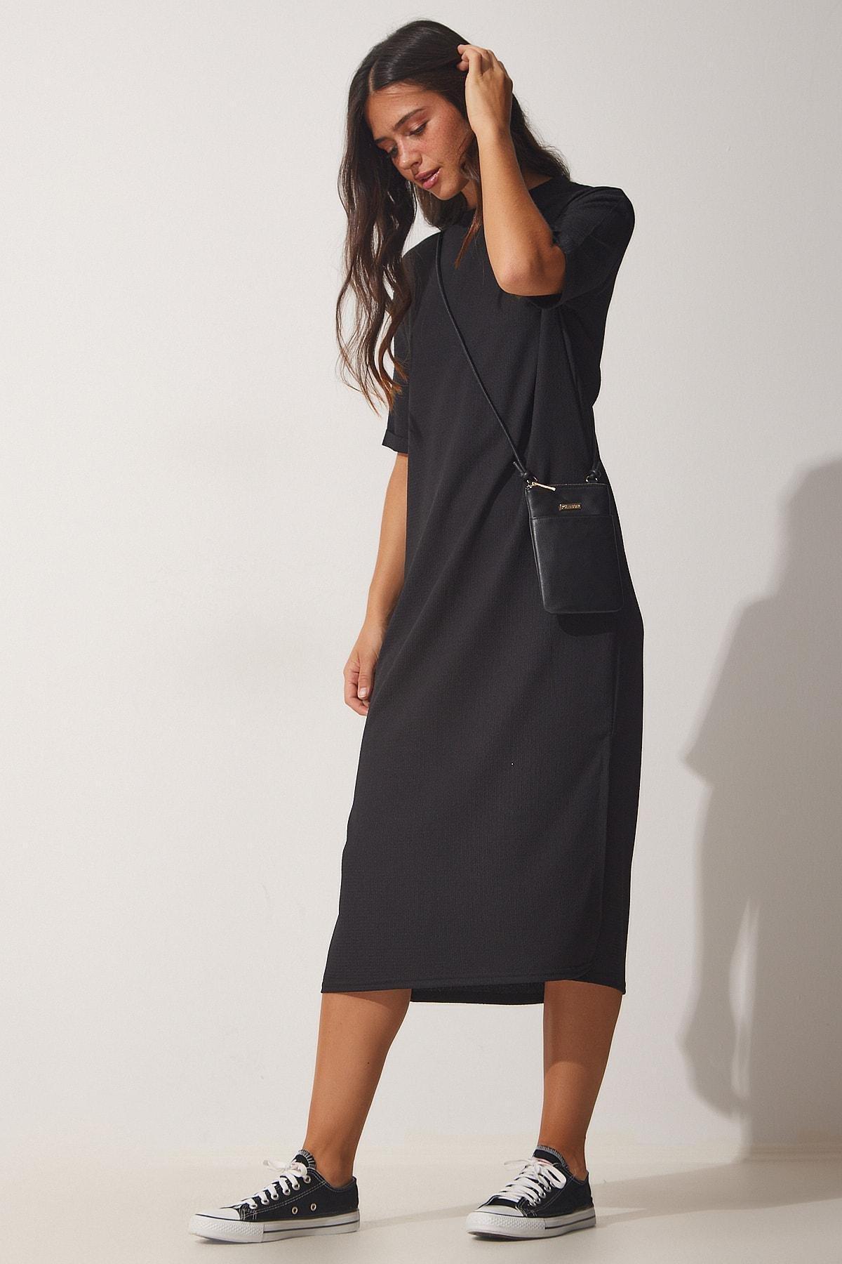 Black Textured Daily Knit Midi Dress, BLACK, large image number 2