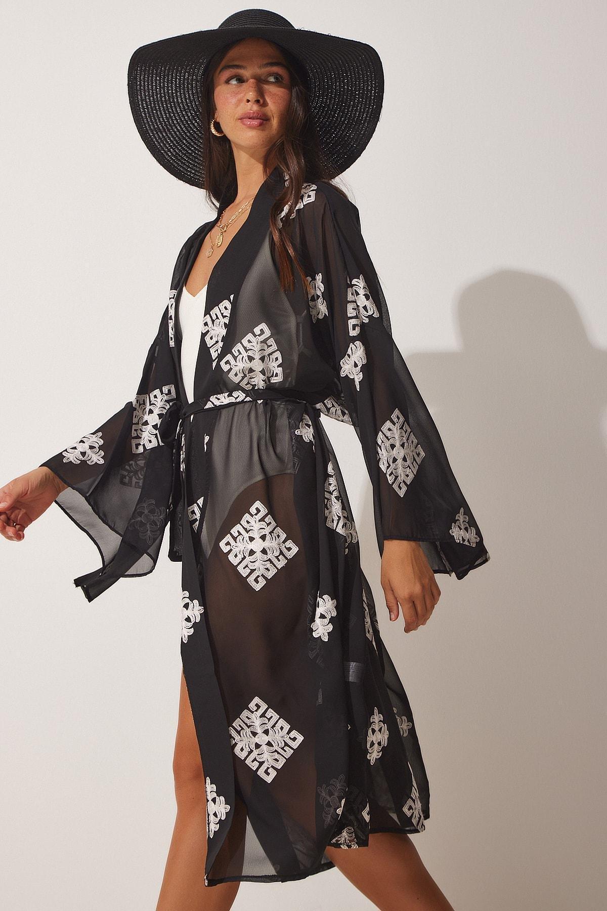 Black Long Tulle Kimono With Embroidered, , large image number 0
