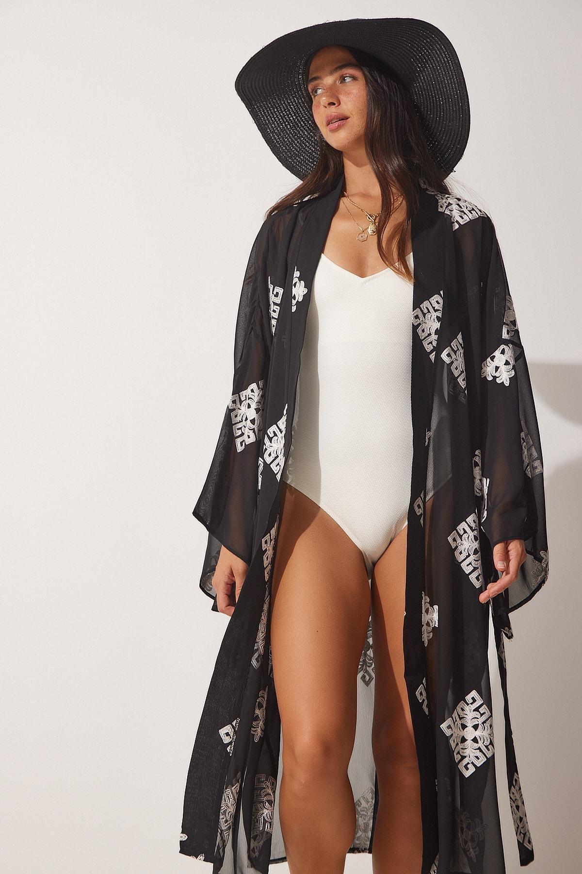 Black Long Tulle Kimono With Embroidered, , large image number 1